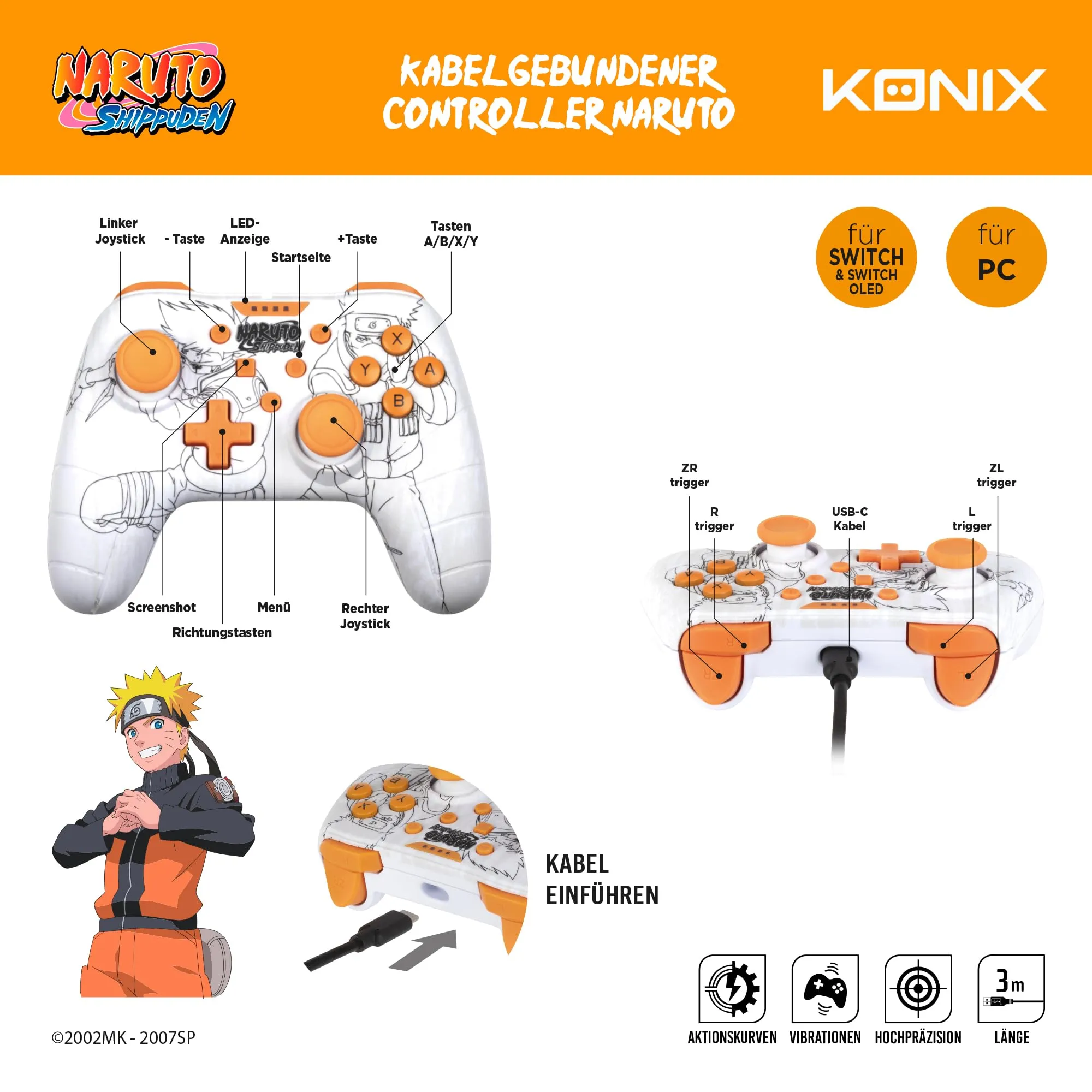 Konix Naruto Shippuden Controller con cavo per Nintendo Switch e PC, Fantasia Kakashi, Bianco - immagine 3
