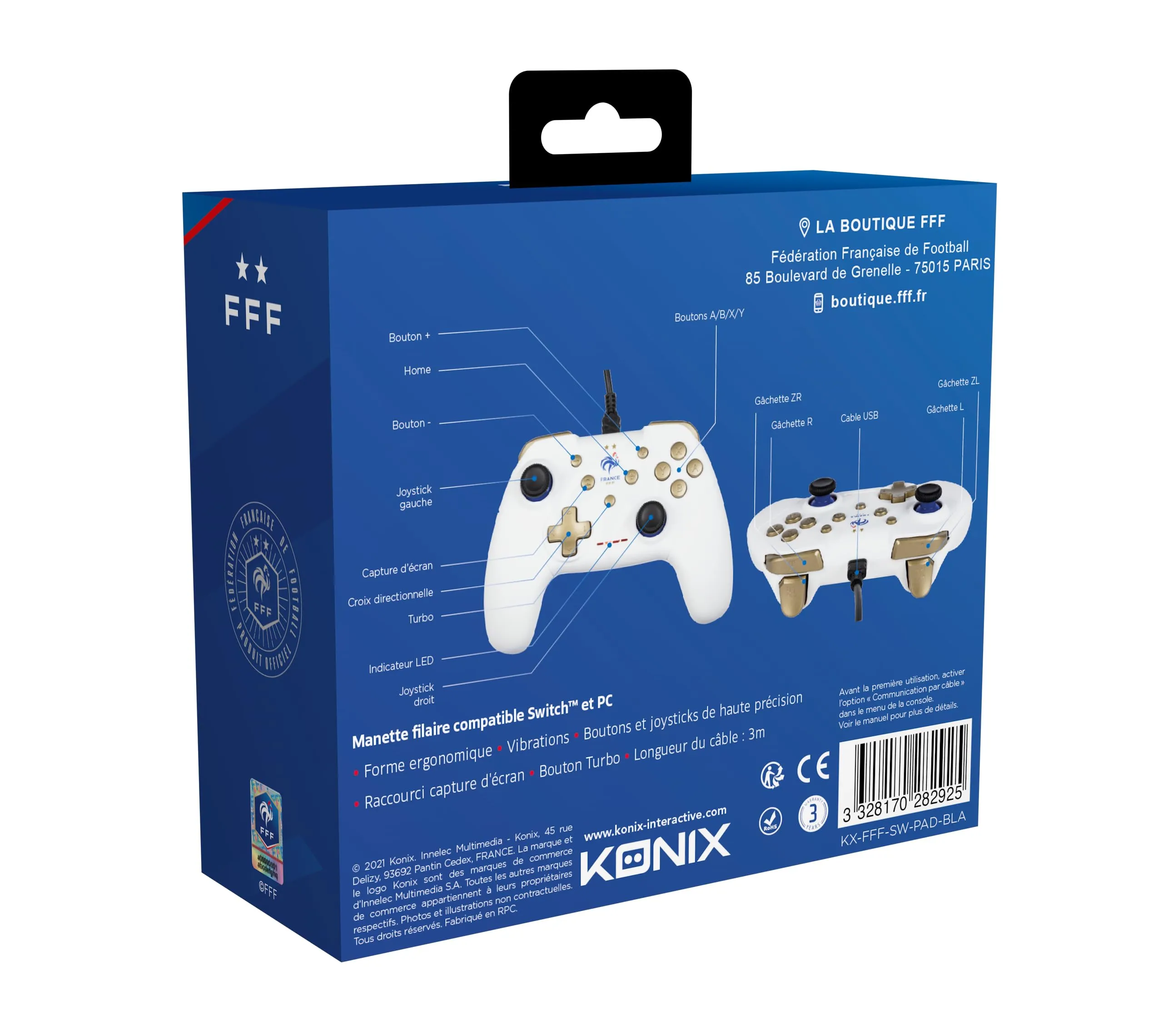 Konix FFF Controller con cavo per Nintendo Switch e PC, funzione vibrazione, cavo da 3m, Bianco - immagine 9