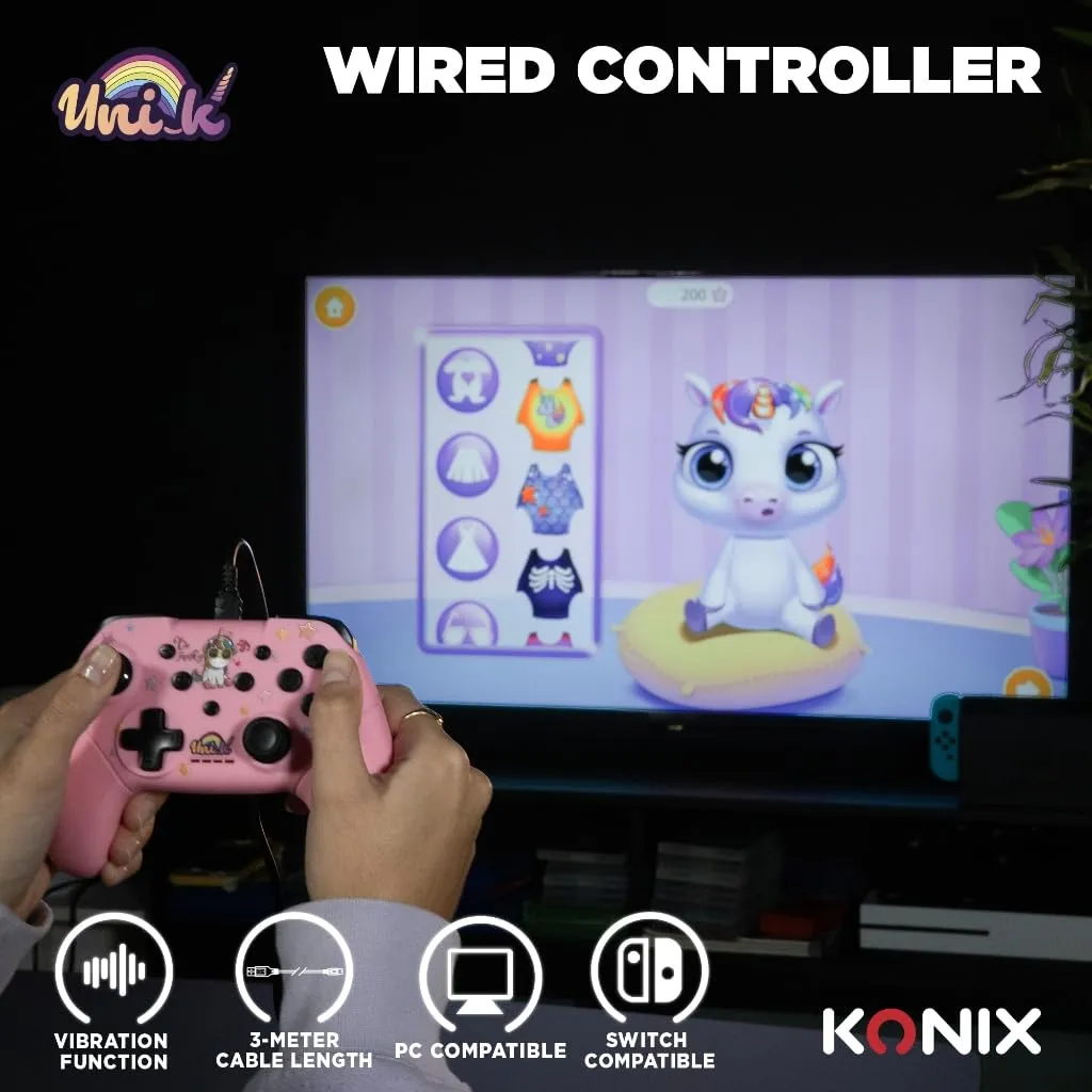 Konix Unik Controller per Nintendo Switch, Switch 2 e PC - Cavo 3m - Be Funky Unicorno, Rosa - immagine 2