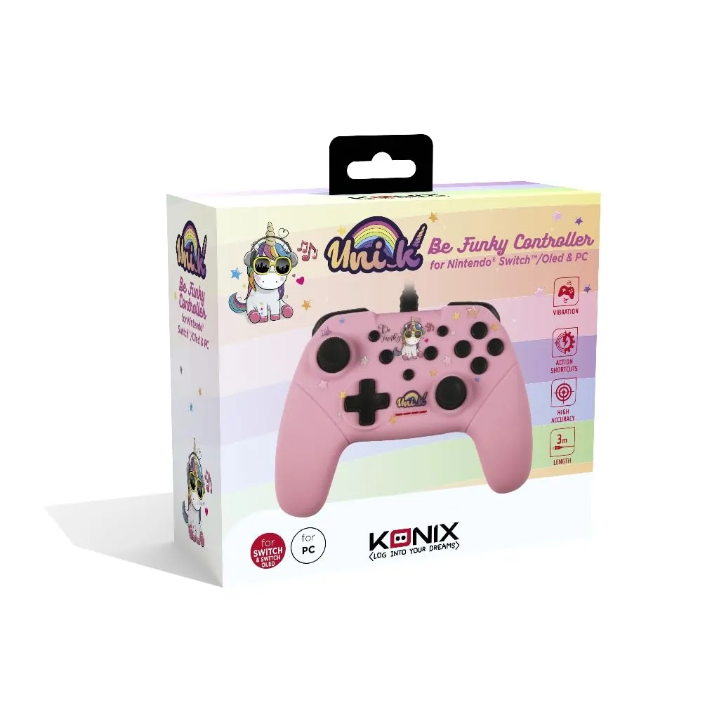 Konix Unik Controller per Nintendo Switch, Switch 2 e PC - Cavo 3m - Be Funky Unicorno, Rosa - immagine 6