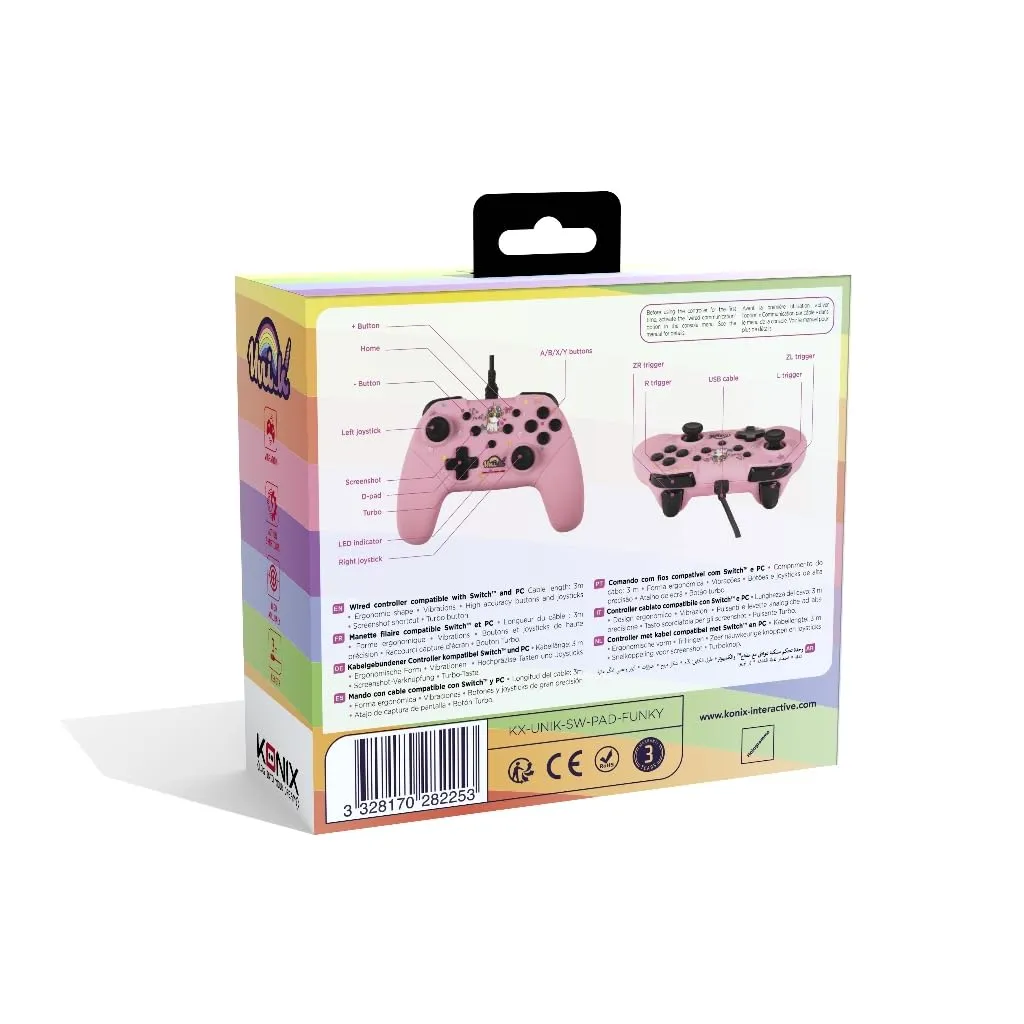Konix Unik Controller per Nintendo Switch, Switch 2 e PC - Cavo 3m - Be Funky Unicorno, Rosa - immagine 7