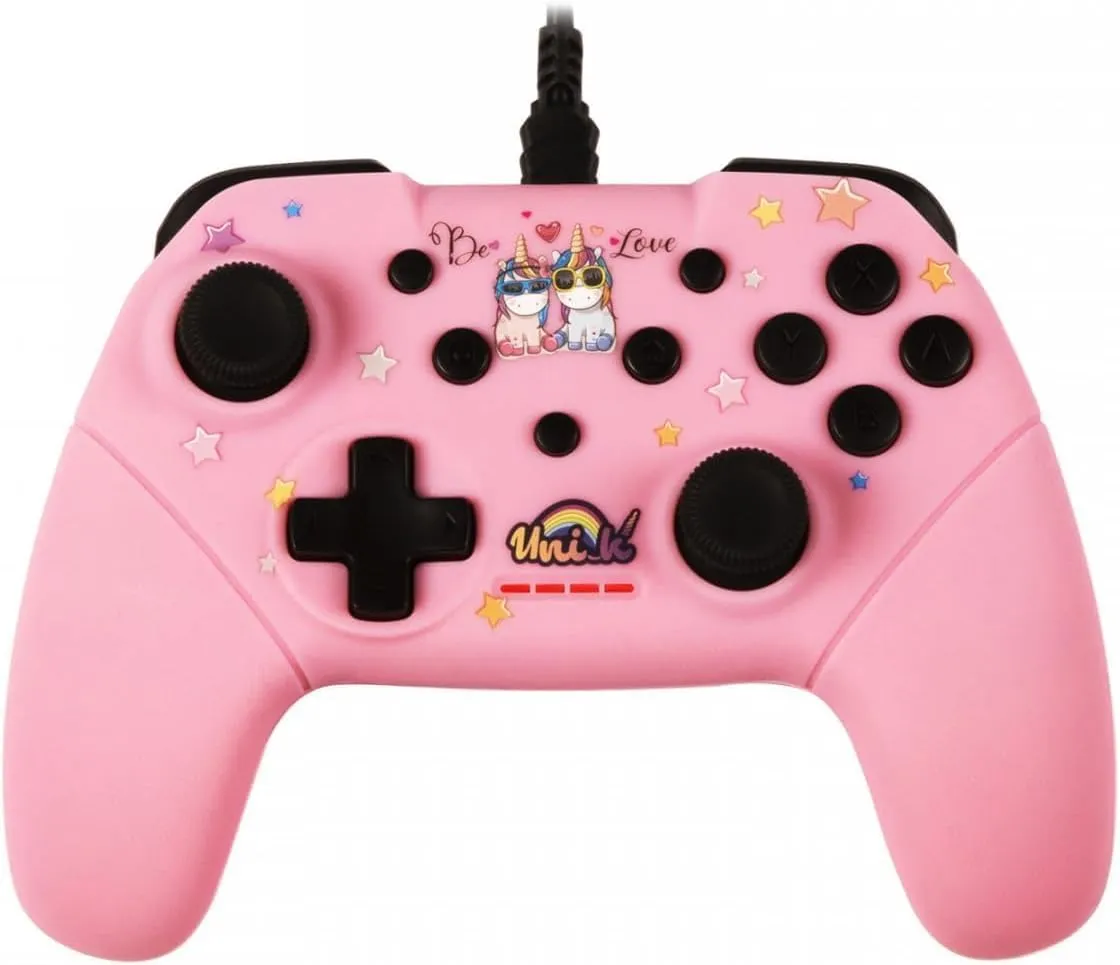 Konix Unik Controller con cavo per Nintendo Switch e PC, 3m, Be Love Unicorni, Rosa - immagine 1