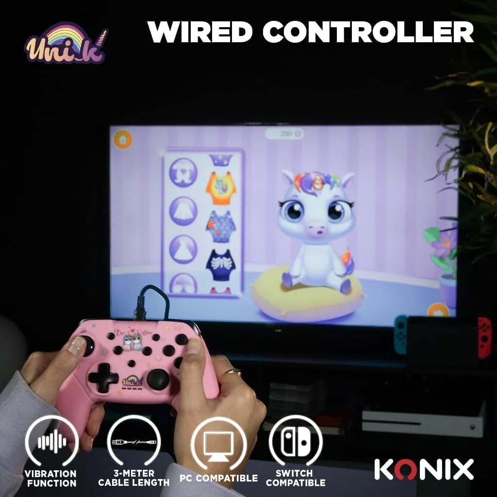 Konix Unik Controller con cavo per Nintendo Switch e PC, 3m, Be Love Unicorni, Rosa - immagine 2