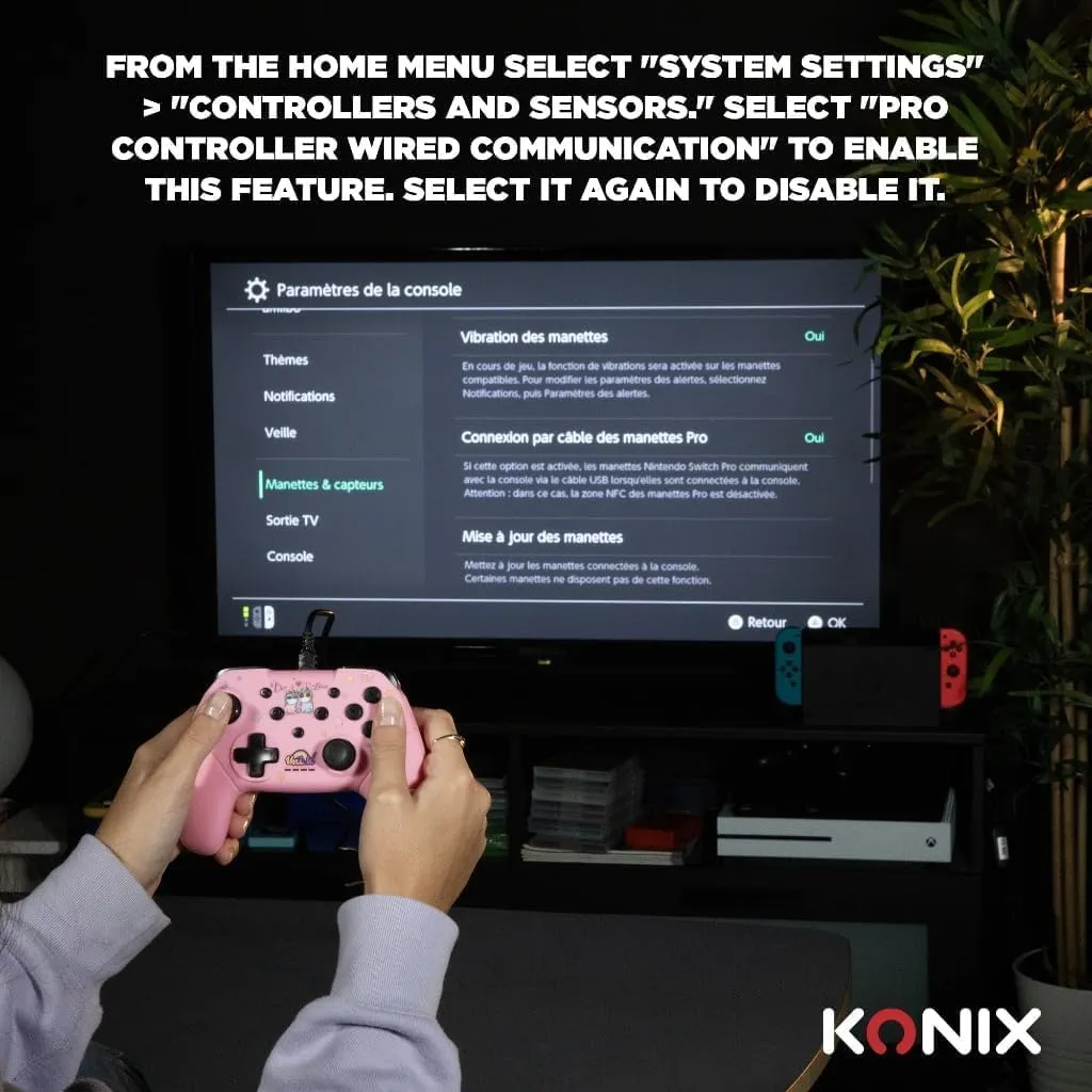 Konix Unik Controller con cavo per Nintendo Switch e PC, 3m, Be Love Unicorni, Rosa - immagine 3