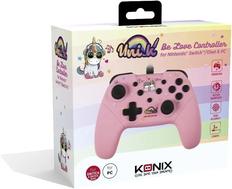Konix Unik Controller con cavo per Nintendo Switch e PC, 3m, Be Love Unicorni, Rosa - immagine 4