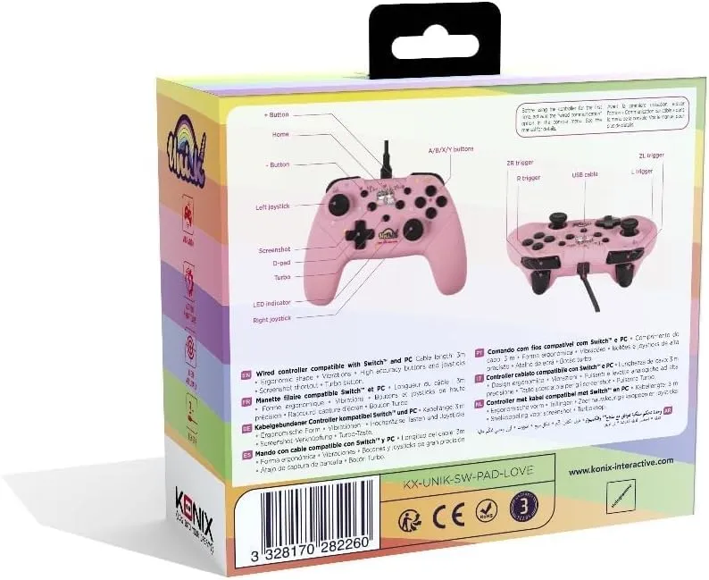Konix Unik Controller con cavo per Nintendo Switch e PC, 3m, Be Love Unicorni, Rosa - immagine 5