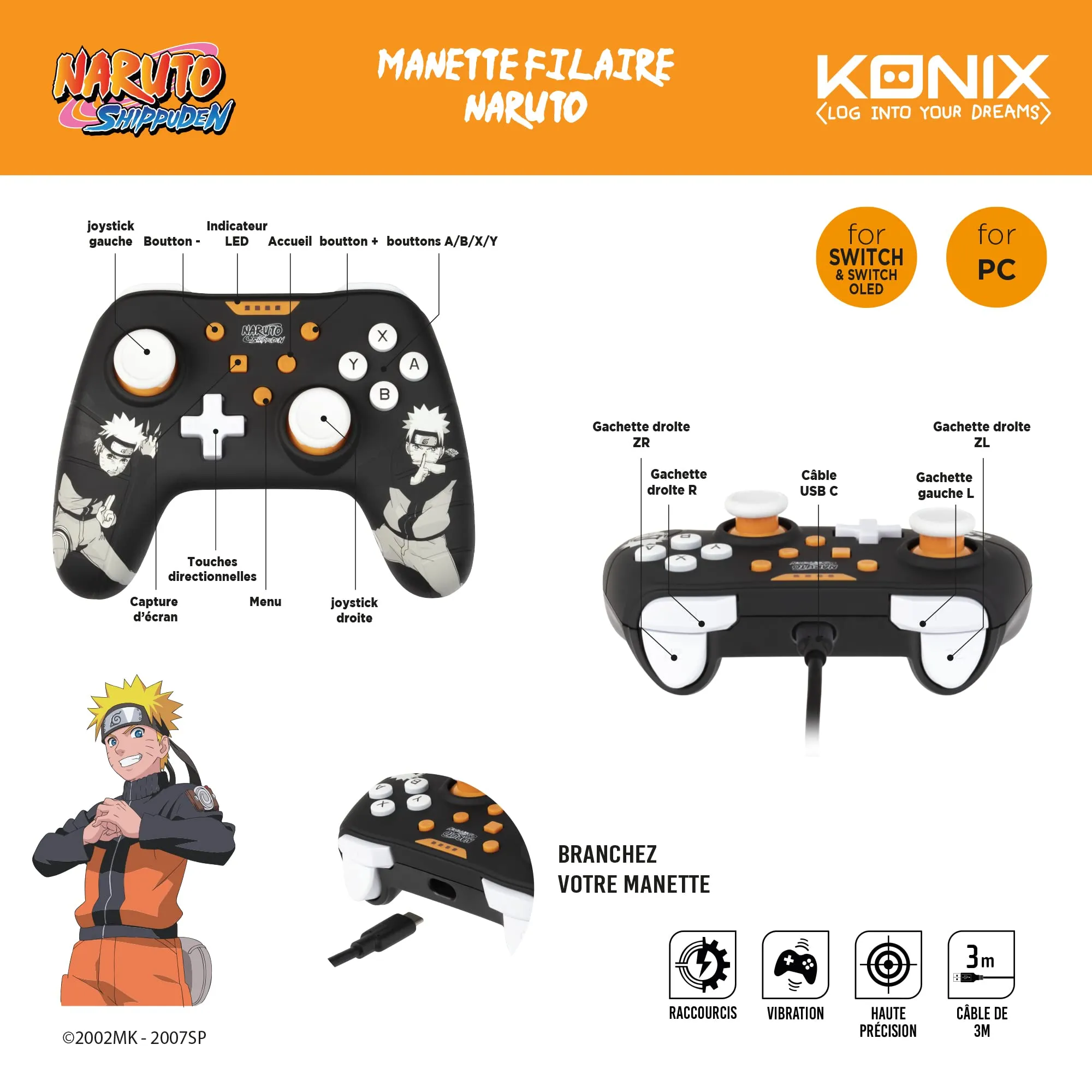 Konix Naruto Shippuden Wired Controller for Nintendo Switch and PC, Vibration Function, 3m Cable, Black - immagine 4