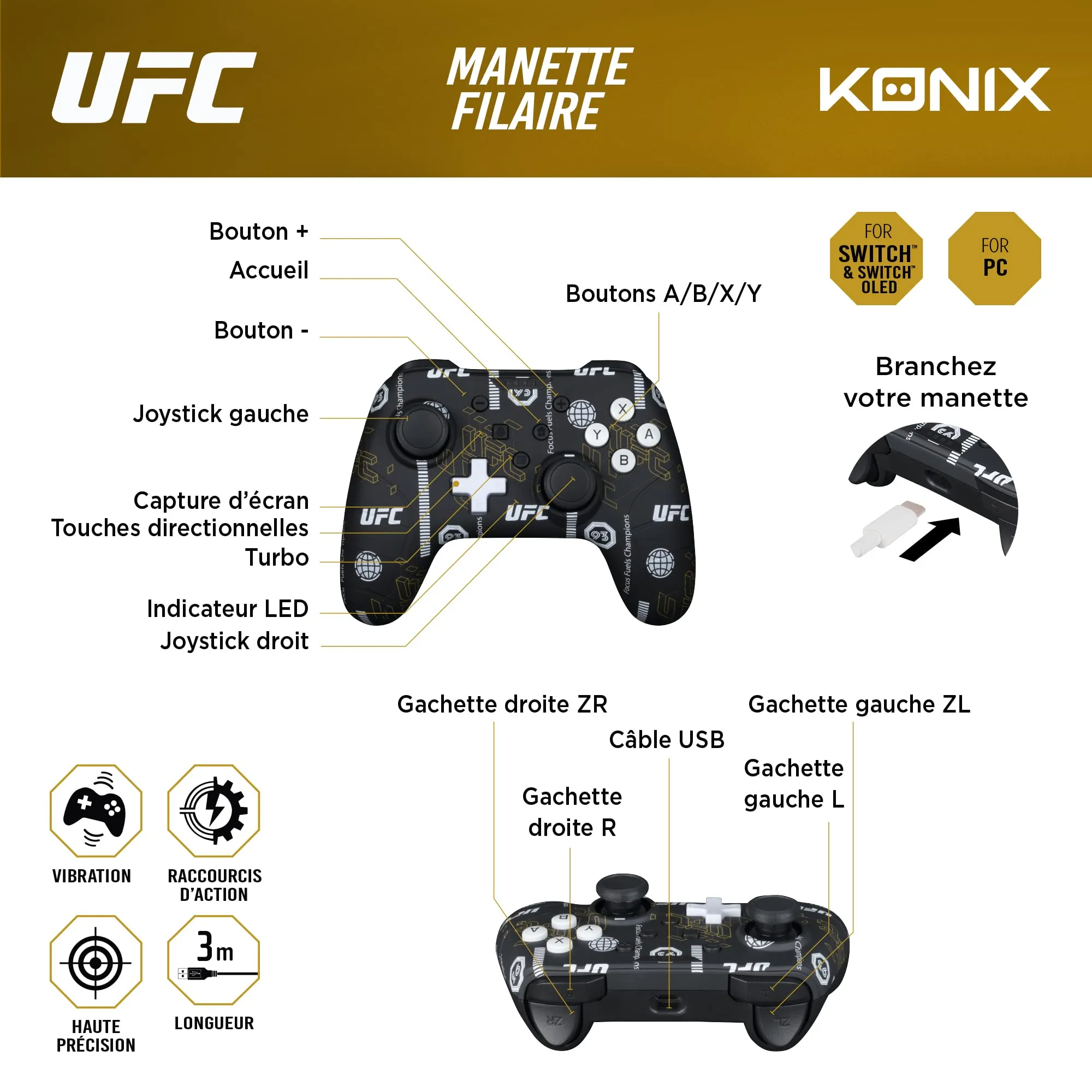 Konix UFC Controller con cavo per Nintendo Switch e PC, Funzione vibrazione, Cavo 3m, Nero e bianco - immagine 4