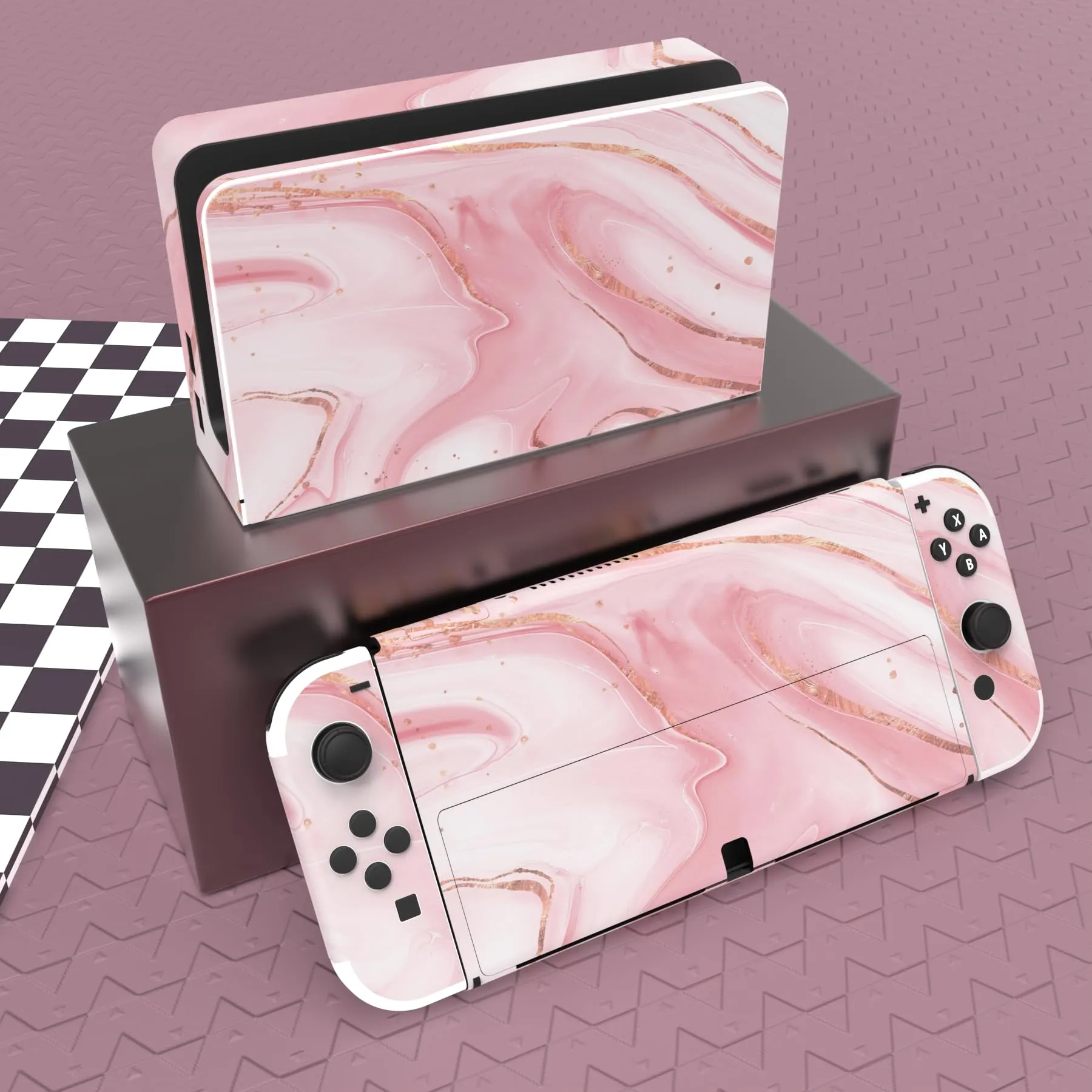 playvital Adesivo per Nintendo Switch OLED, Marmo Oro Rosa - immagine 2