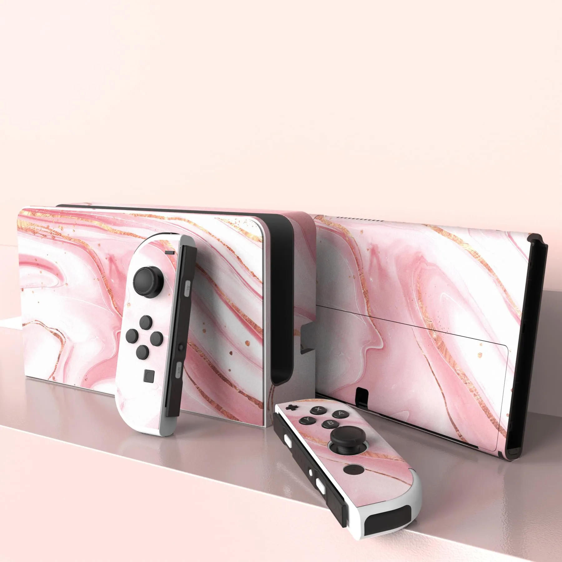 playvital Adesivo per Nintendo Switch OLED, Marmo Oro Rosa - immagine 3
