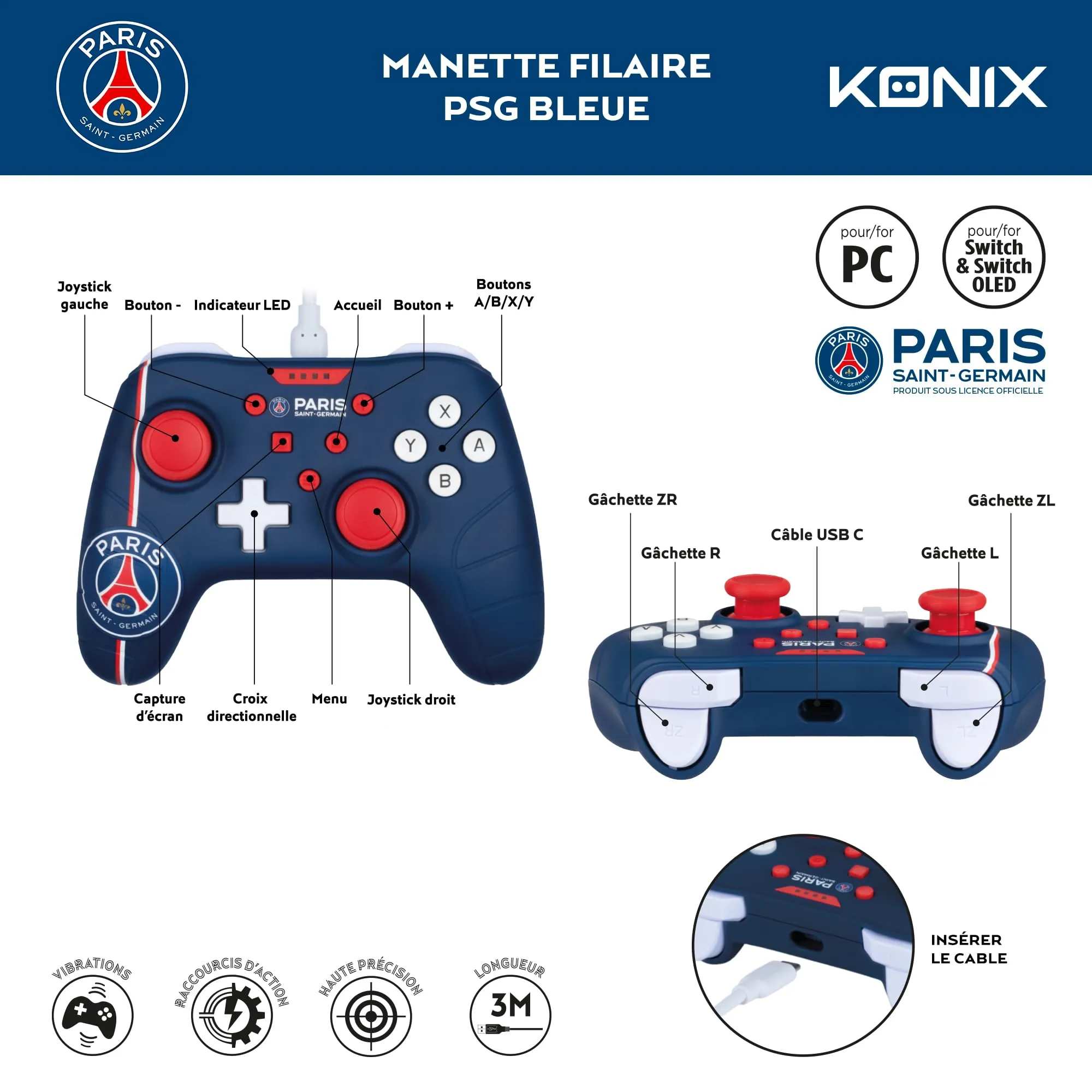 Konix PSG Controller per Nintendo Switch e PC, Funzione Vibrazione, Cavo 3m - Blu, Bianco e Rosso - immagine 4