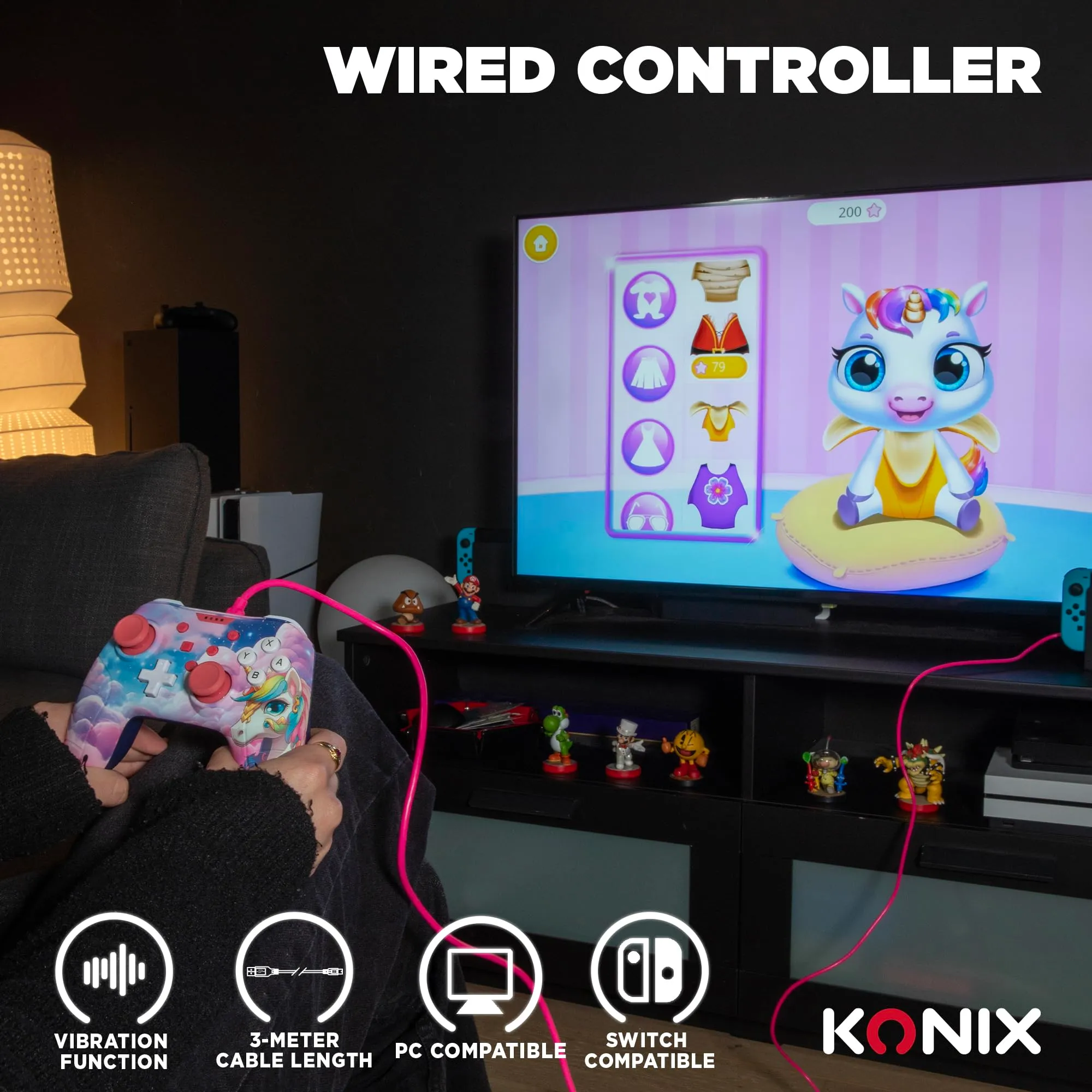 Konix Controller con cavo per Nintendo Switch, Switch 2 e PC, Fantasia Be Dreamy unicorno - immagine 4