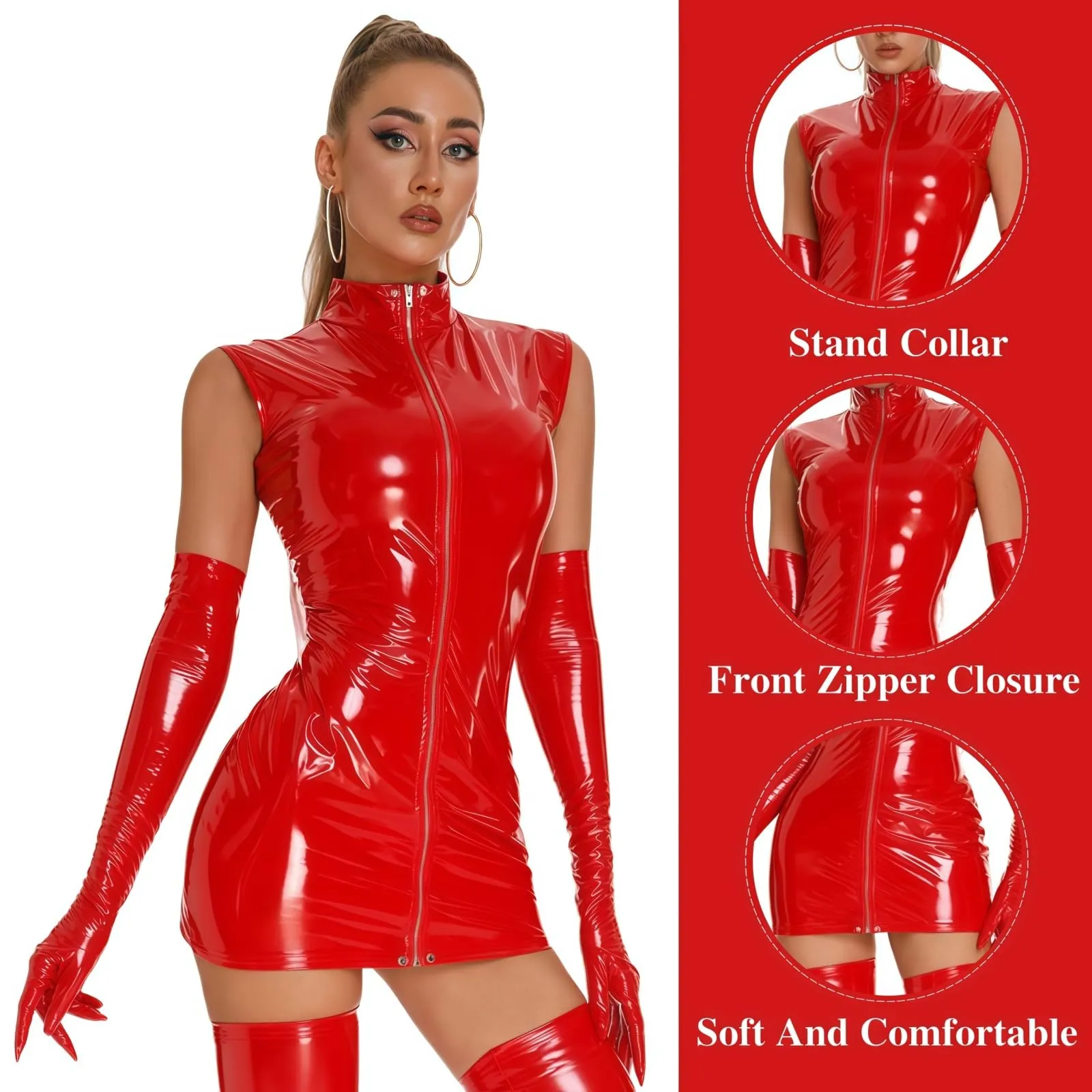 MANJIAMEI Mini Abito in Pelle Lucida per Donna, Senza Maniche con Chiusura Lampo Frontale e Colletto Alto, Rosso, XL - immagine 3