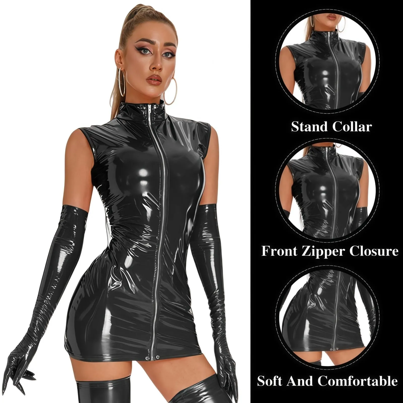 MANJIAMEI Mini Abito da Donna in Pelle Lucida Senza Maniche con Chiusura Lampo Frontale e Colletto Alto, Nero, 3XL - immagine 3