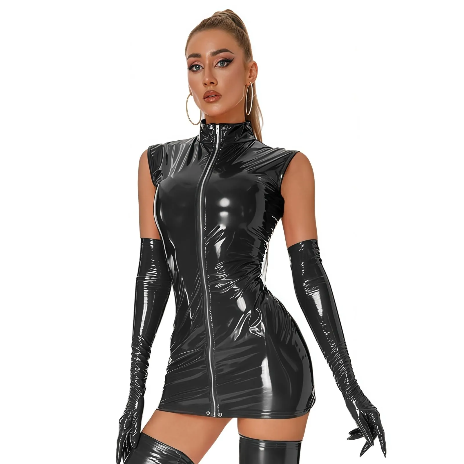 MANJIAMEI Mini Abito da Donna in Pelle Lucida Senza Maniche con Chiusura Lampo Frontale e Colletto Alto, Nero, 3XL - immagine 8