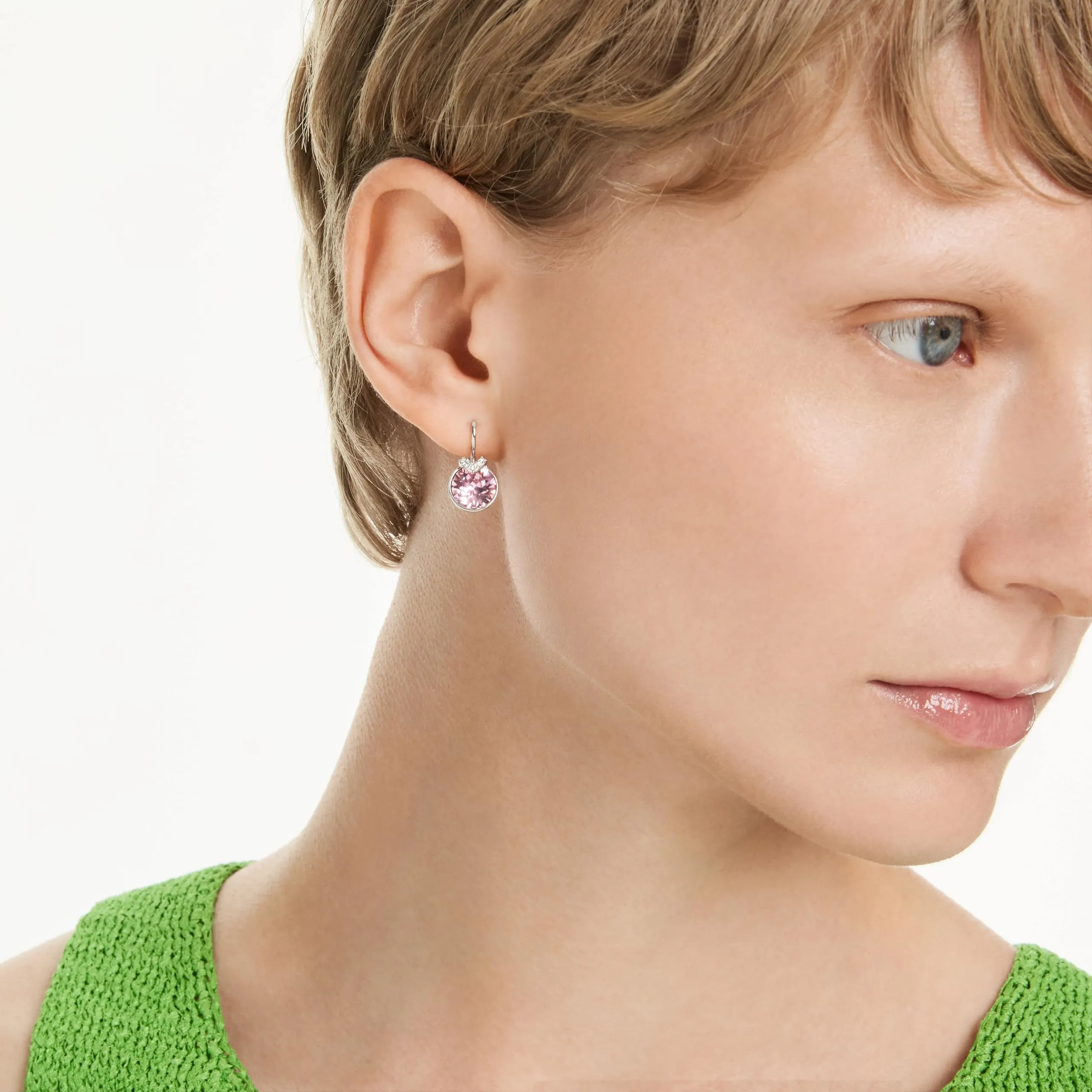 Swarovski Bella V Orecchini Pendenti con Cristalli Rosa, Taglio Round, Placcatura in Tonalità Rodio - immagine 5