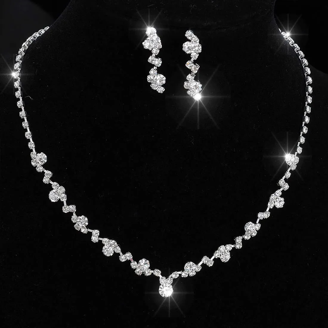 LuLiyLdJ Set Collana e Orecchini in Argento con Strass per Sposa - immagine 5