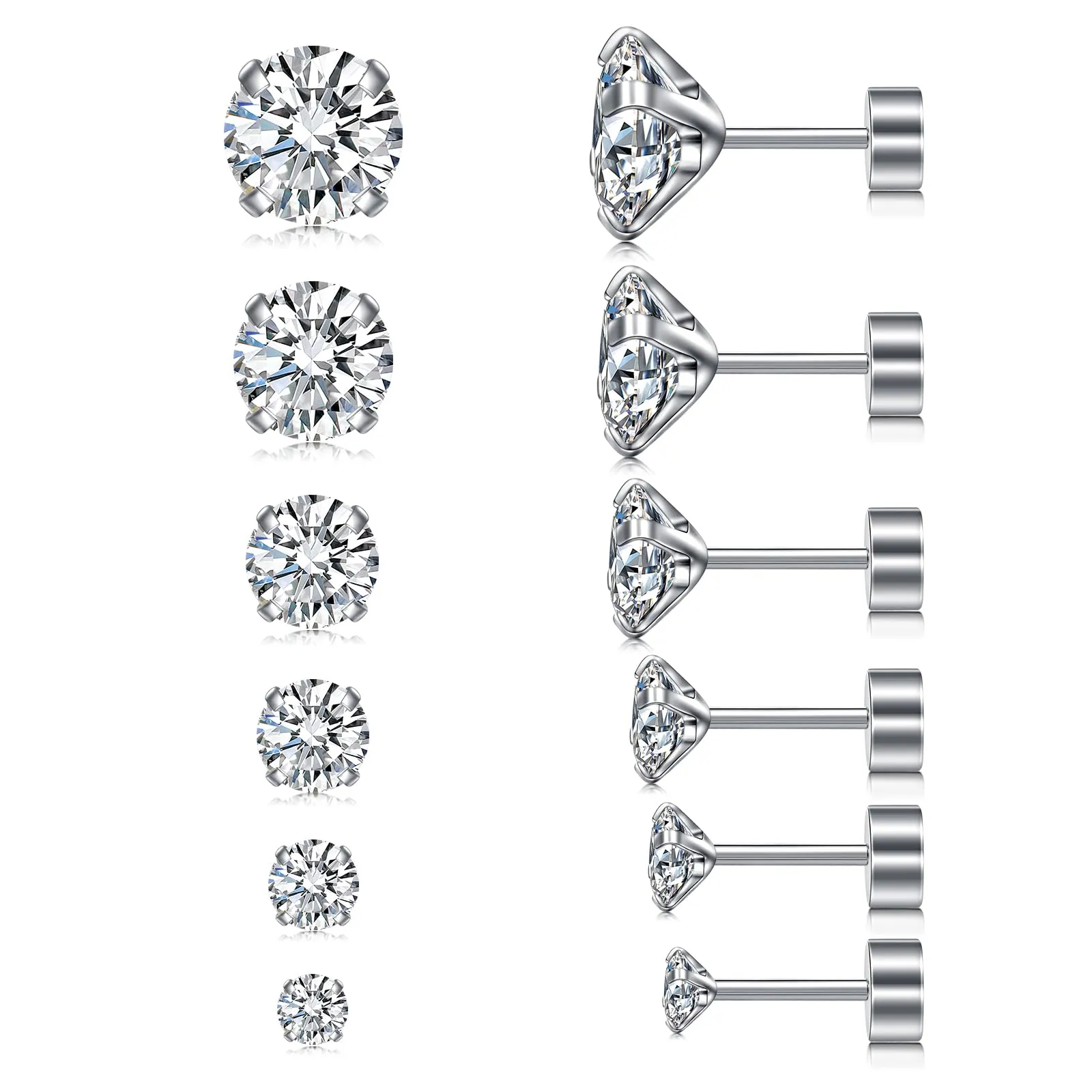 LAURITAMI Set 6 Orecchini a perno in acciaio chirurgico 20G con Zirconia 3-8mm, Argento - immagine 1