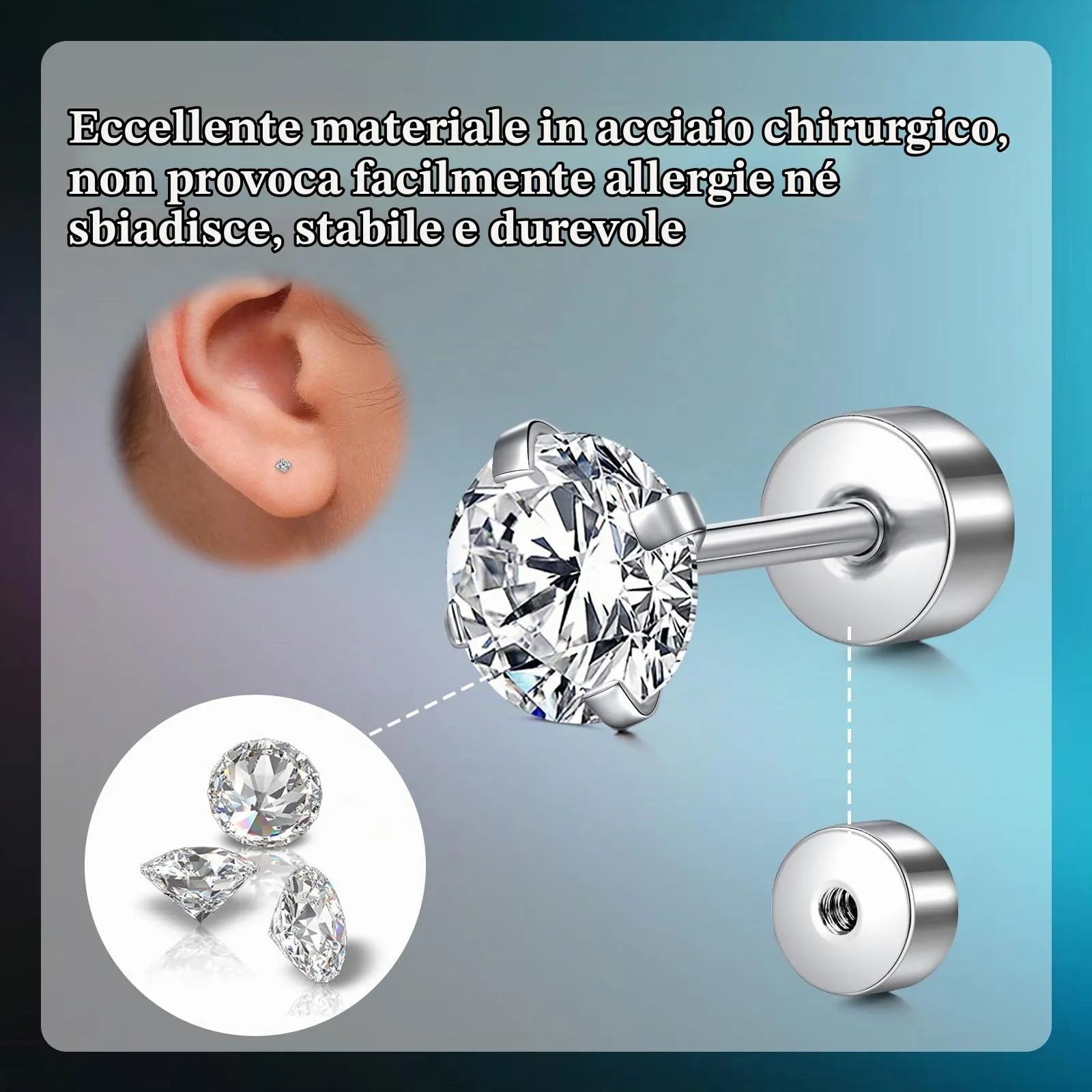 LAURITAMI Set 6 Orecchini a perno in acciaio chirurgico 20G con Zirconia 3-8mm, Argento - immagine 3