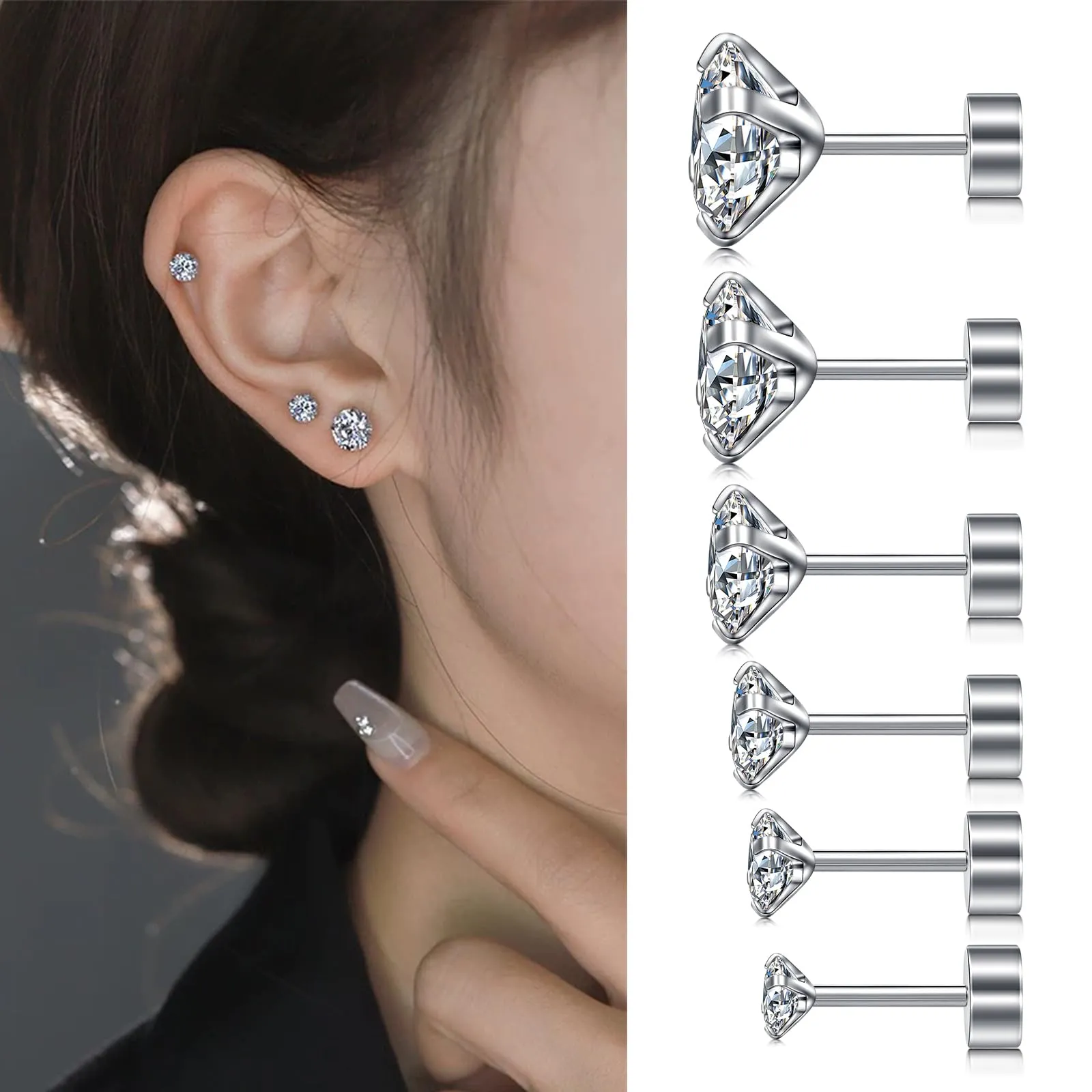 LAURITAMI Set 6 Orecchini a perno in acciaio chirurgico 20G con Zirconia 3-8mm, Argento - immagine 5