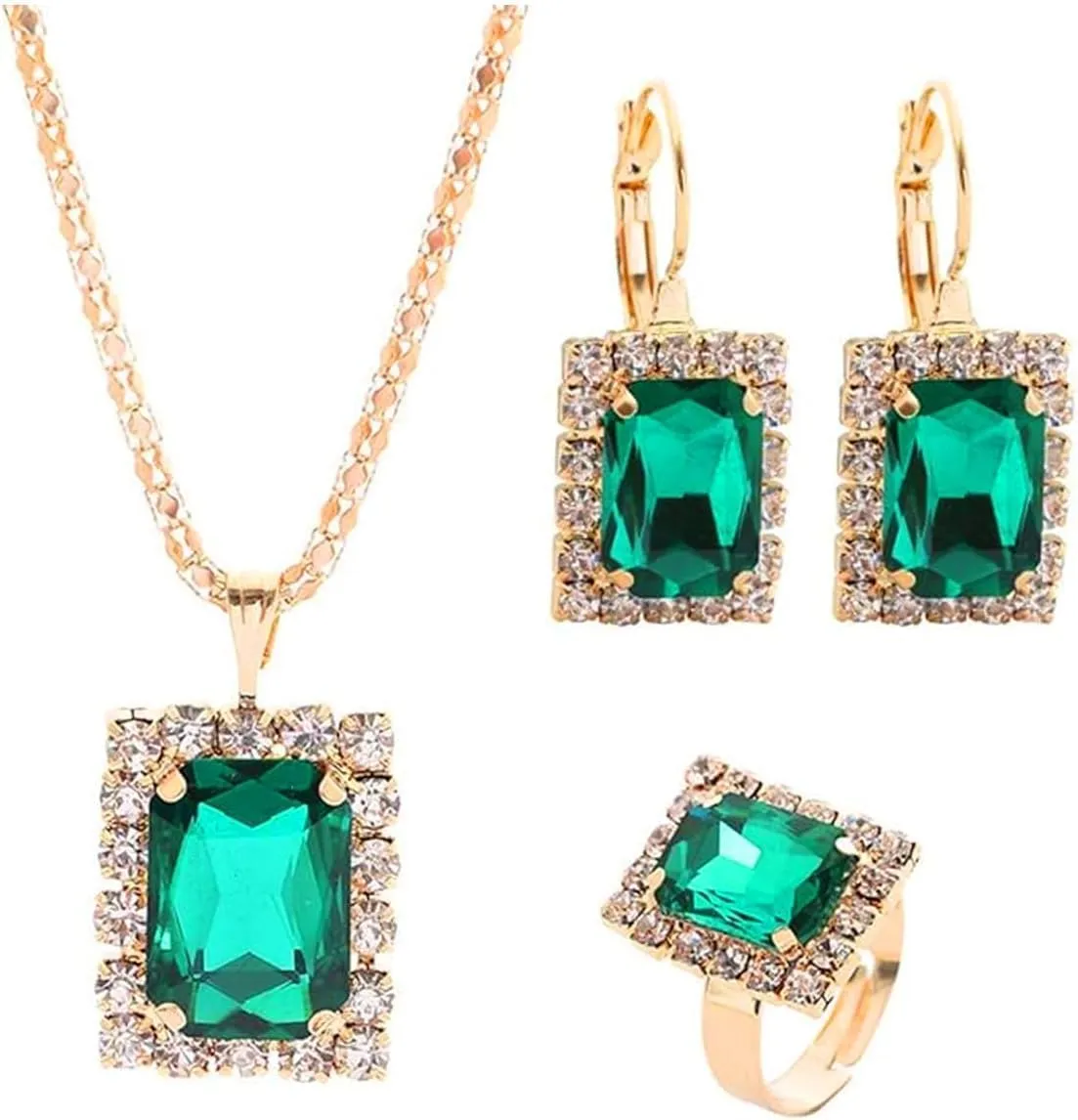 BWOOOWE Parure Gioielli Donna con Ciondolo Rettangolare Luminoso, Collana, Orecchini e Anello (Verde) - immagine 1