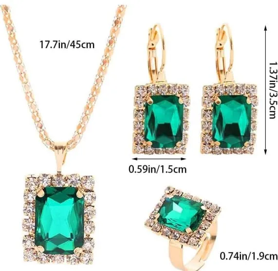 BWOOOWE Parure Gioielli Donna con Ciondolo Rettangolare Luminoso, Collana, Orecchini e Anello (Verde) - immagine 2