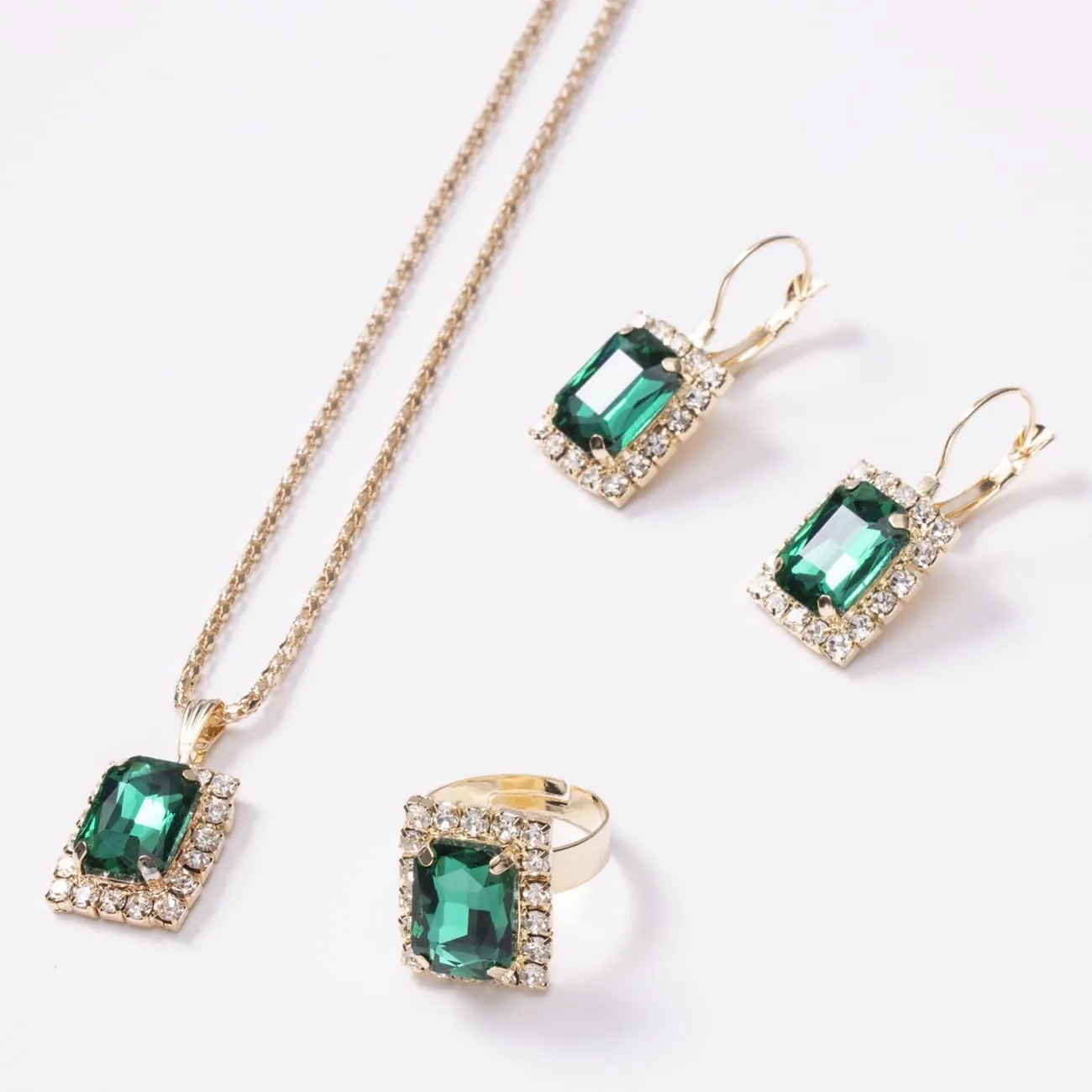BWOOOWE Parure Gioielli Donna con Ciondolo Rettangolare Luminoso, Collana, Orecchini e Anello (Verde) - immagine 3