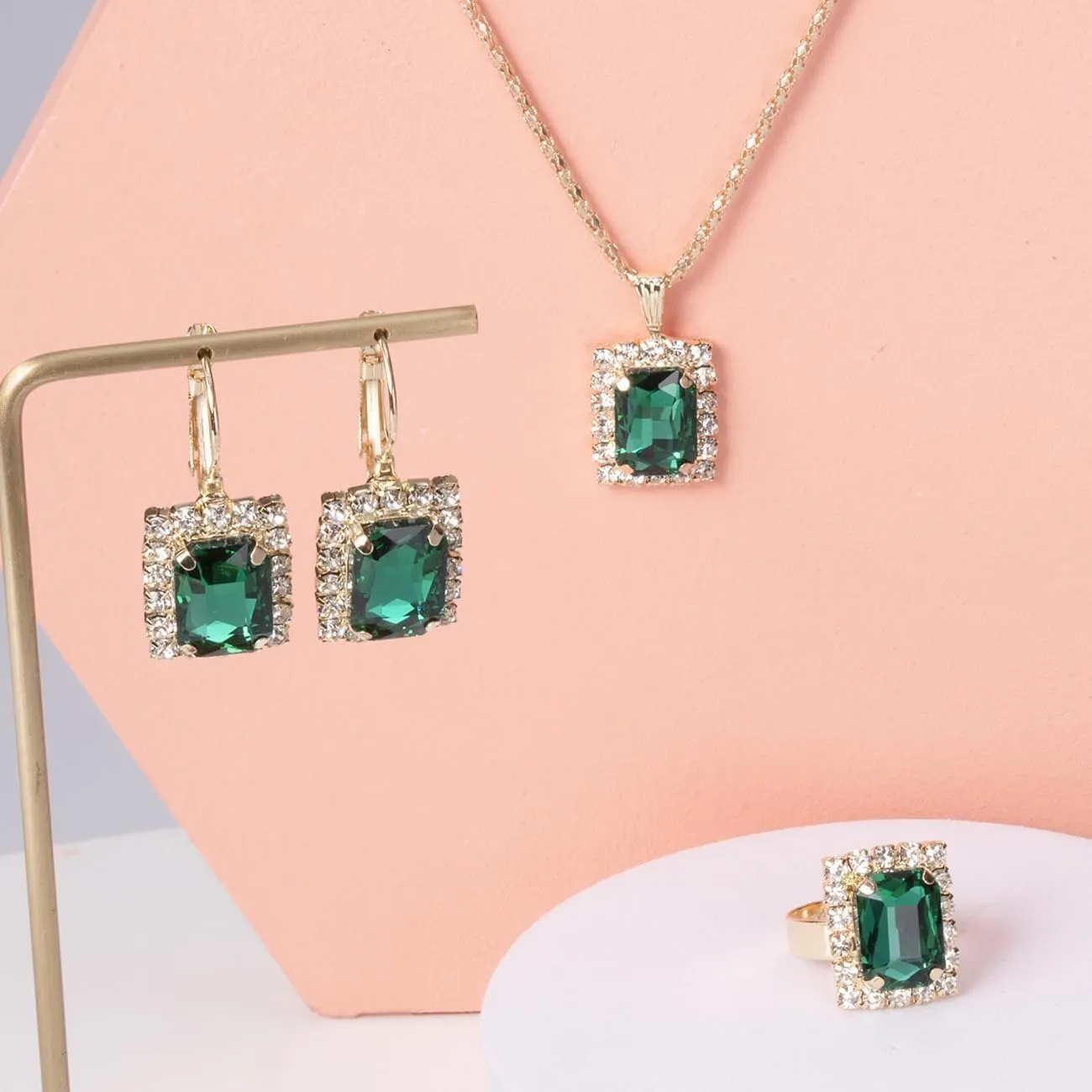 BWOOOWE Parure Gioielli Donna con Ciondolo Rettangolare Luminoso, Collana, Orecchini e Anello (Verde) - immagine 4