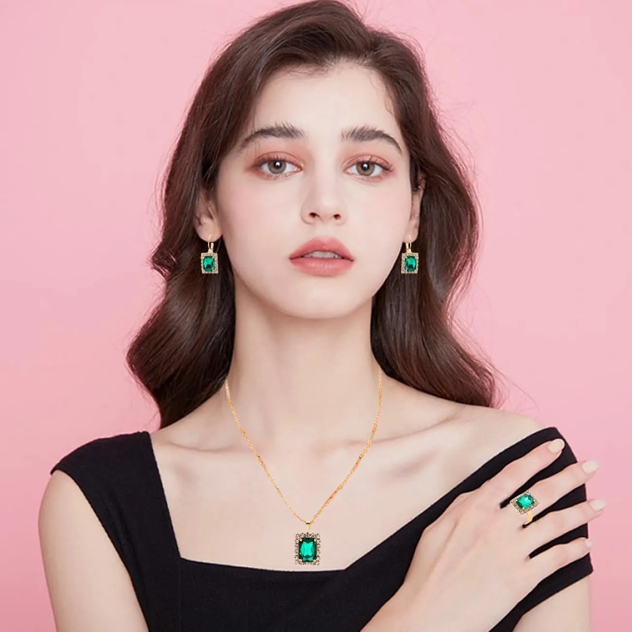 BWOOOWE Parure Gioielli Donna con Ciondolo Rettangolare Luminoso, Collana, Orecchini e Anello (Verde) - immagine 6