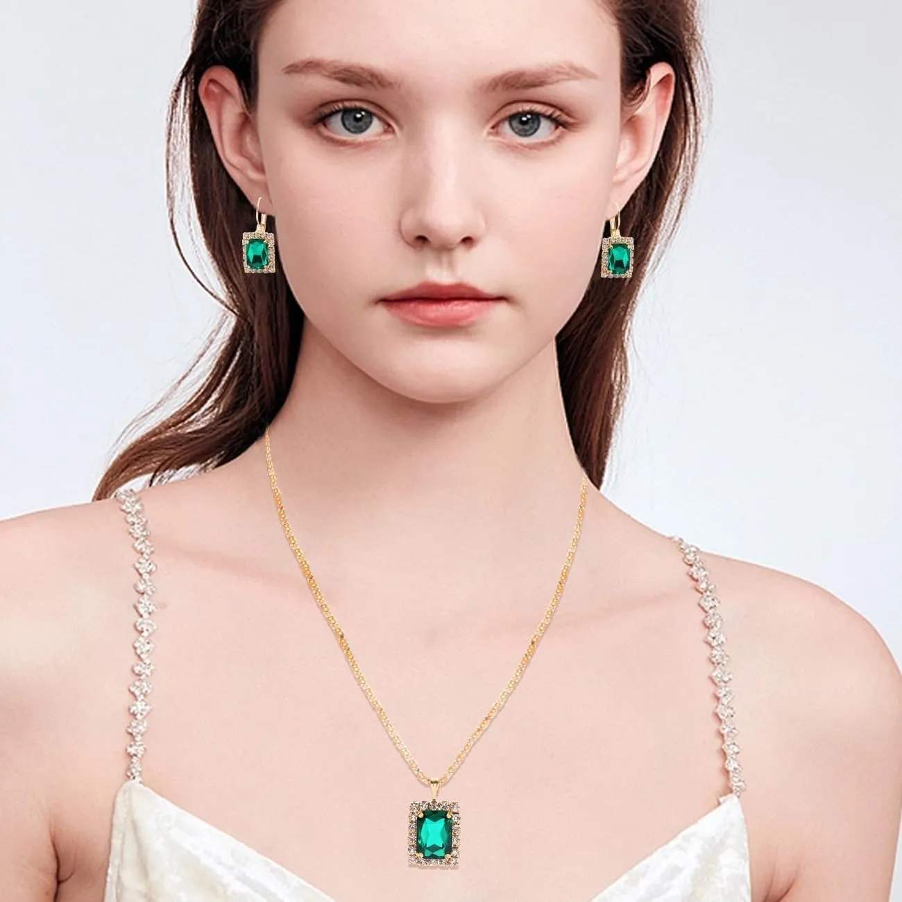 BWOOOWE Parure Gioielli Donna con Ciondolo Rettangolare Luminoso, Collana, Orecchini e Anello (Verde) - immagine 7