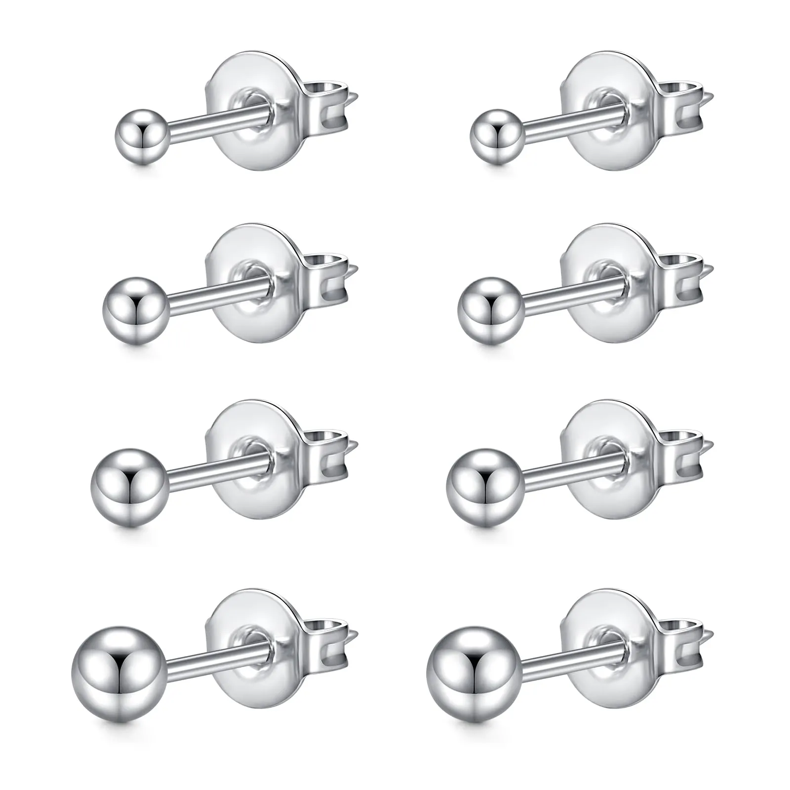 LAURITAMI Set di 4 paia di orecchini a pallina 3-6mm, 20G in acciaio chirurgico argento - immagine 1