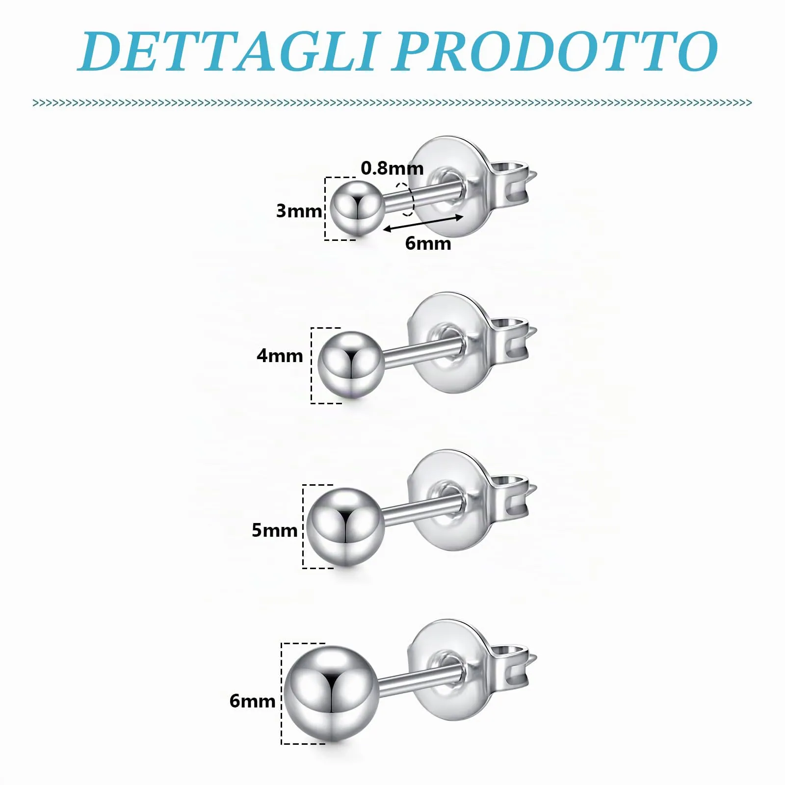 LAURITAMI Set di 4 paia di orecchini a pallina 3-6mm, 20G in acciaio chirurgico argento - immagine 2