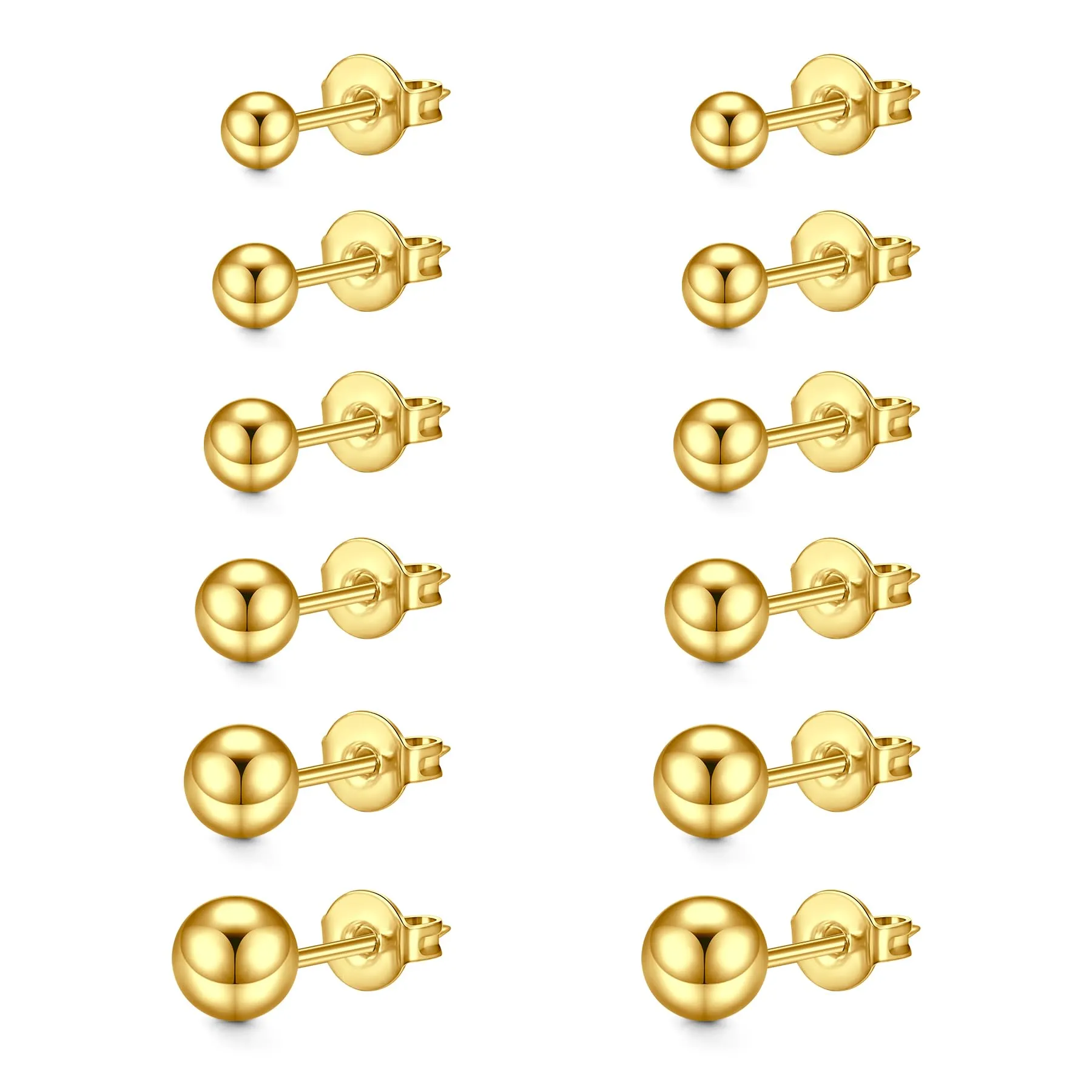 LAURITAMI Set di 6 Paia di Orecchini a Pallina 3-8mm, Acciaio Chirurgico 20G, Colore Oro - immagine 1