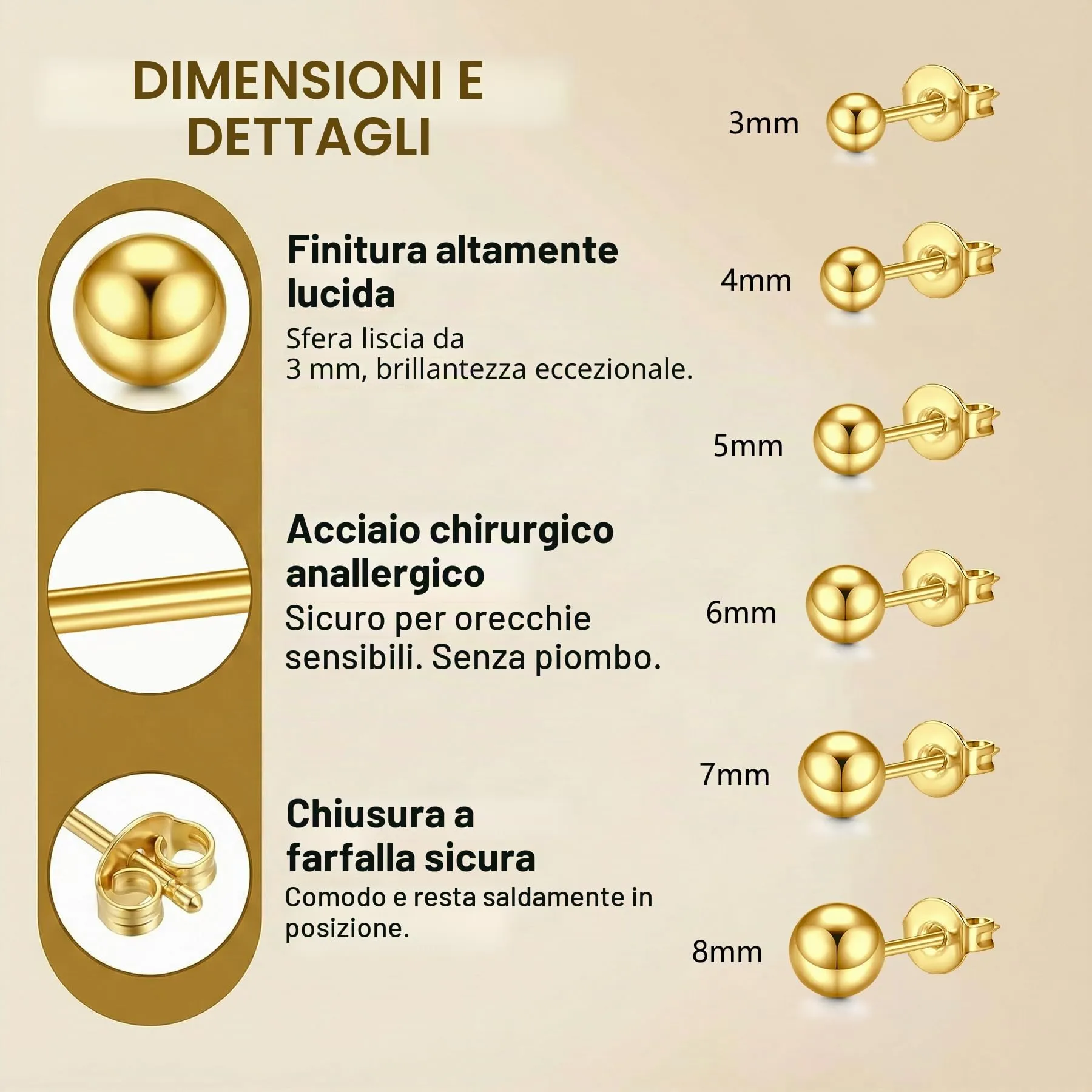 LAURITAMI Set di 6 Paia di Orecchini a Pallina 3-8mm, Acciaio Chirurgico 20G, Colore Oro - immagine 2