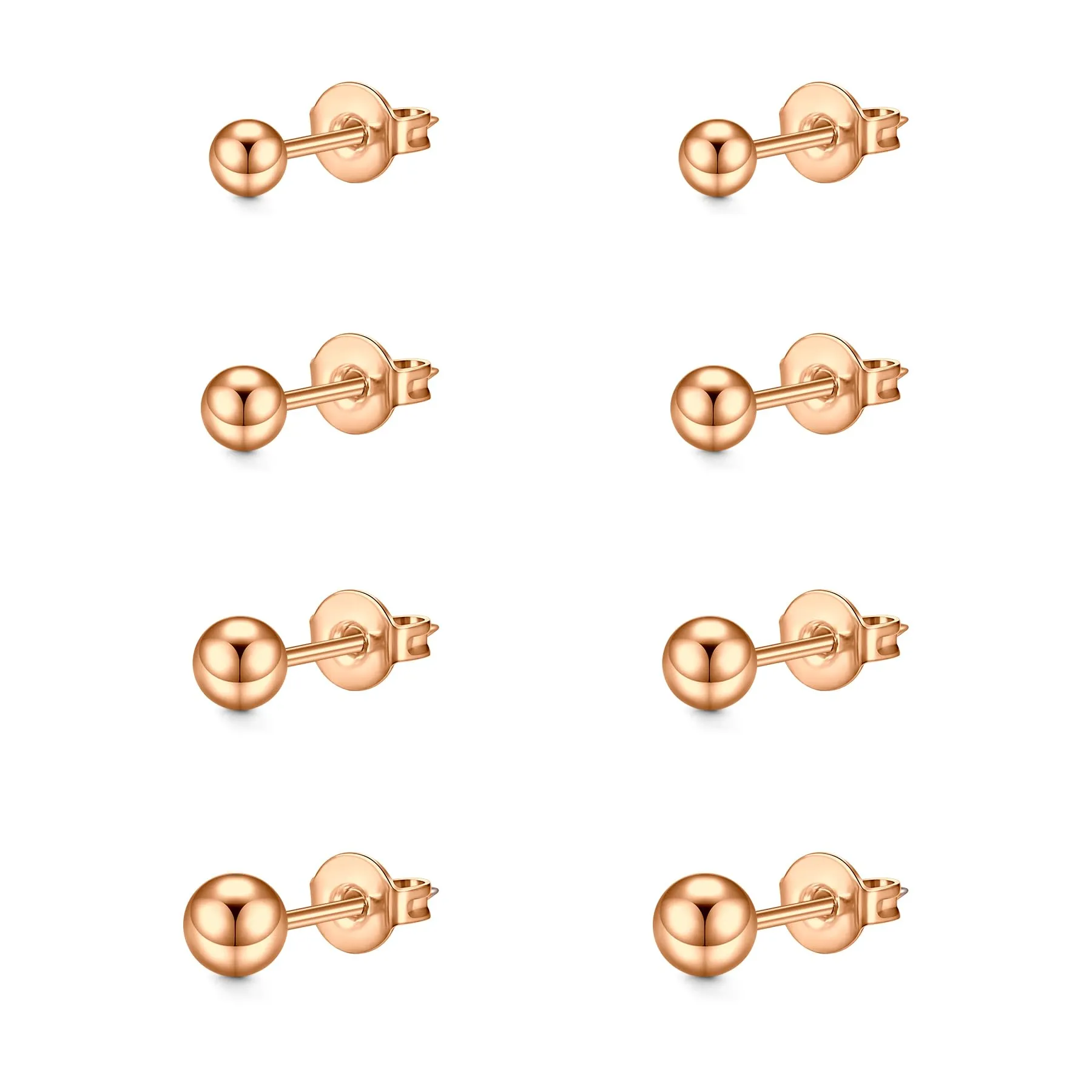 LAURITAMI Set di 4 Paia di Orecchini a Pallina 3-6mm in Acciaio Chirurgico 20G, Oro Rosa - immagine 1