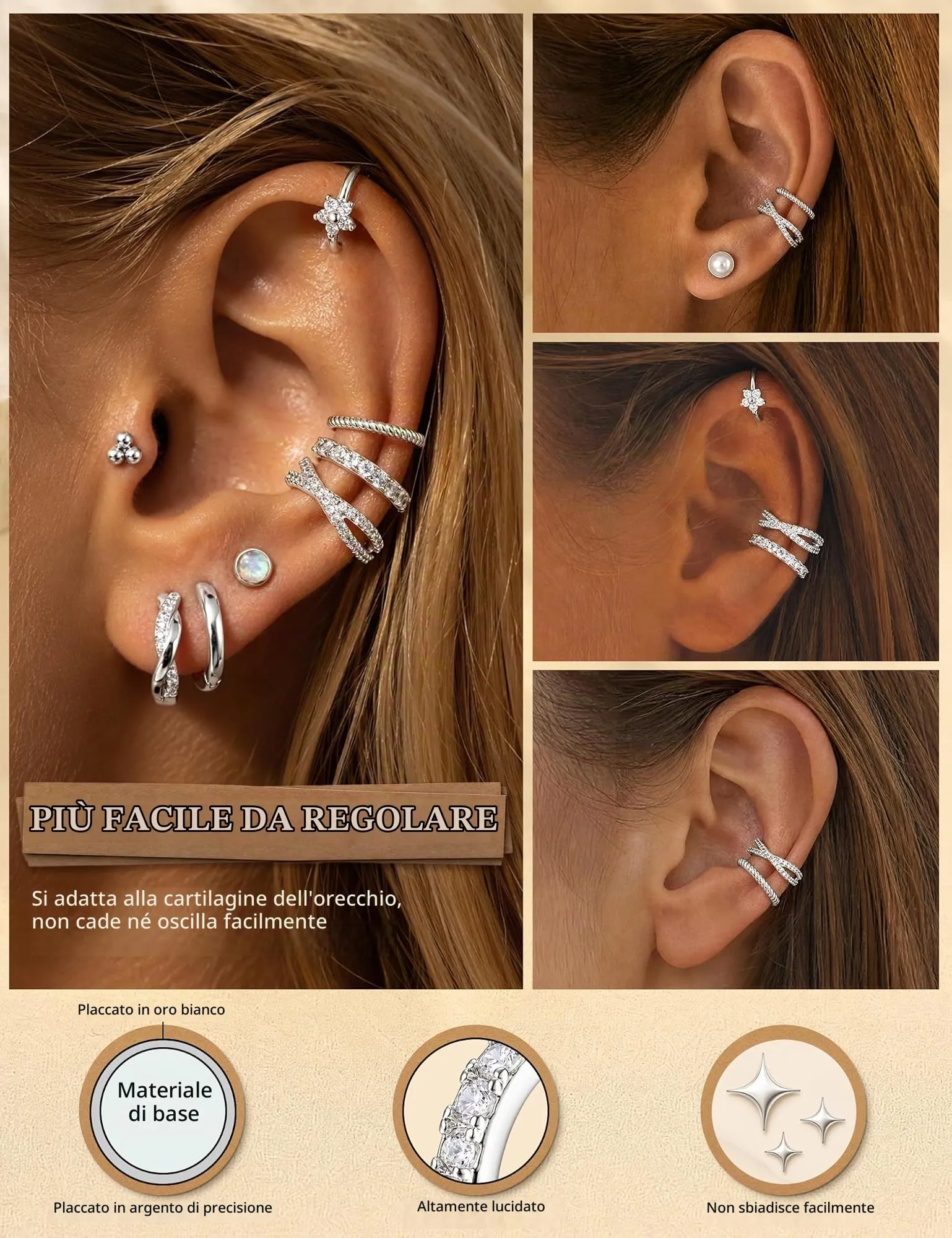 ADRAMATA Ear Cuff Orecchini Senza Buco, 4 Paia - immagine 3