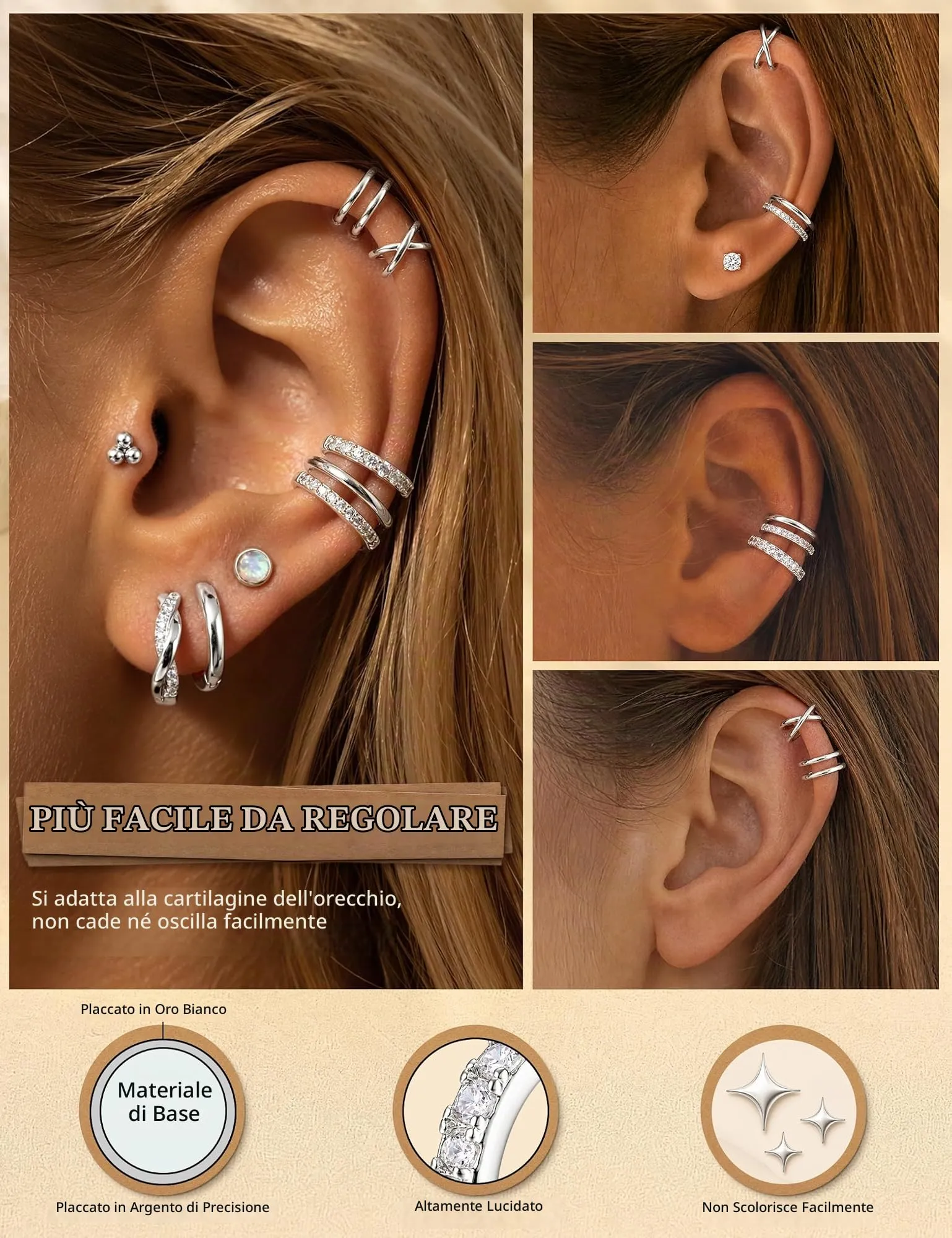 ADRAMATA Ear Cuff Orecchini Senza Buco, 4 Paia - immagine 3