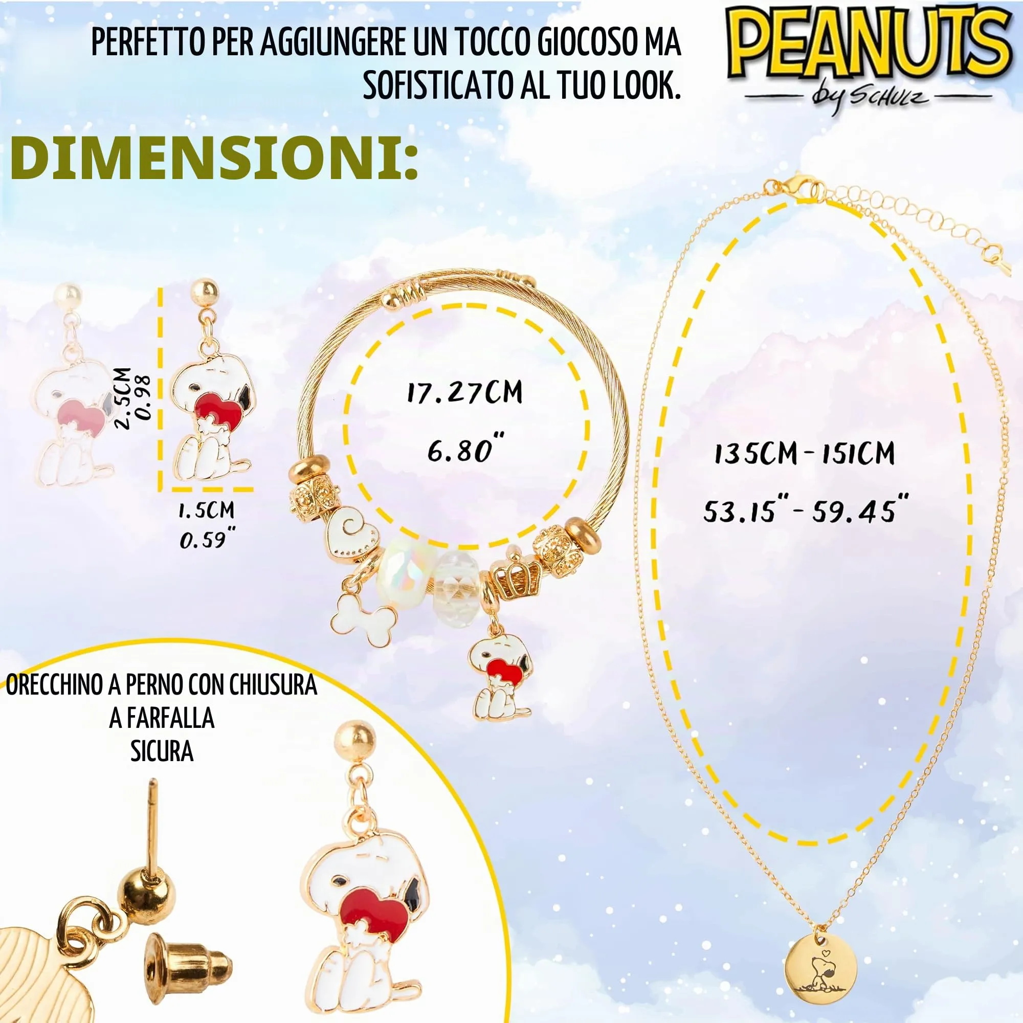 Peanuts Snoopy Set Gioielli Donna 3 Pezzi - Collana, Orecchini e Bracciale Oro - immagine 6