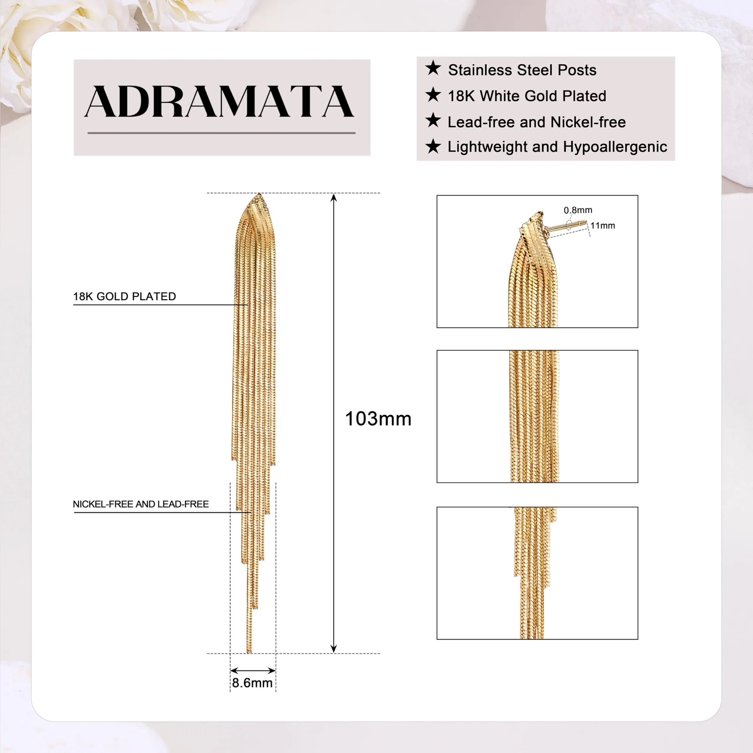 Adramata Orecchini Pendenti a Nappa per Donne, Acciaio Inossidabile, ADN-M-E1098-Arched - immagine 3