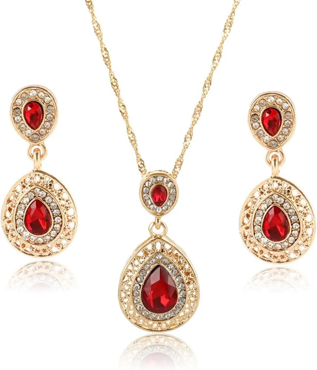 TOEECY Parure Gioielli Collana e Orecchini a Goccia in Cristallo Rosso e Strass Dorati - immagine 1