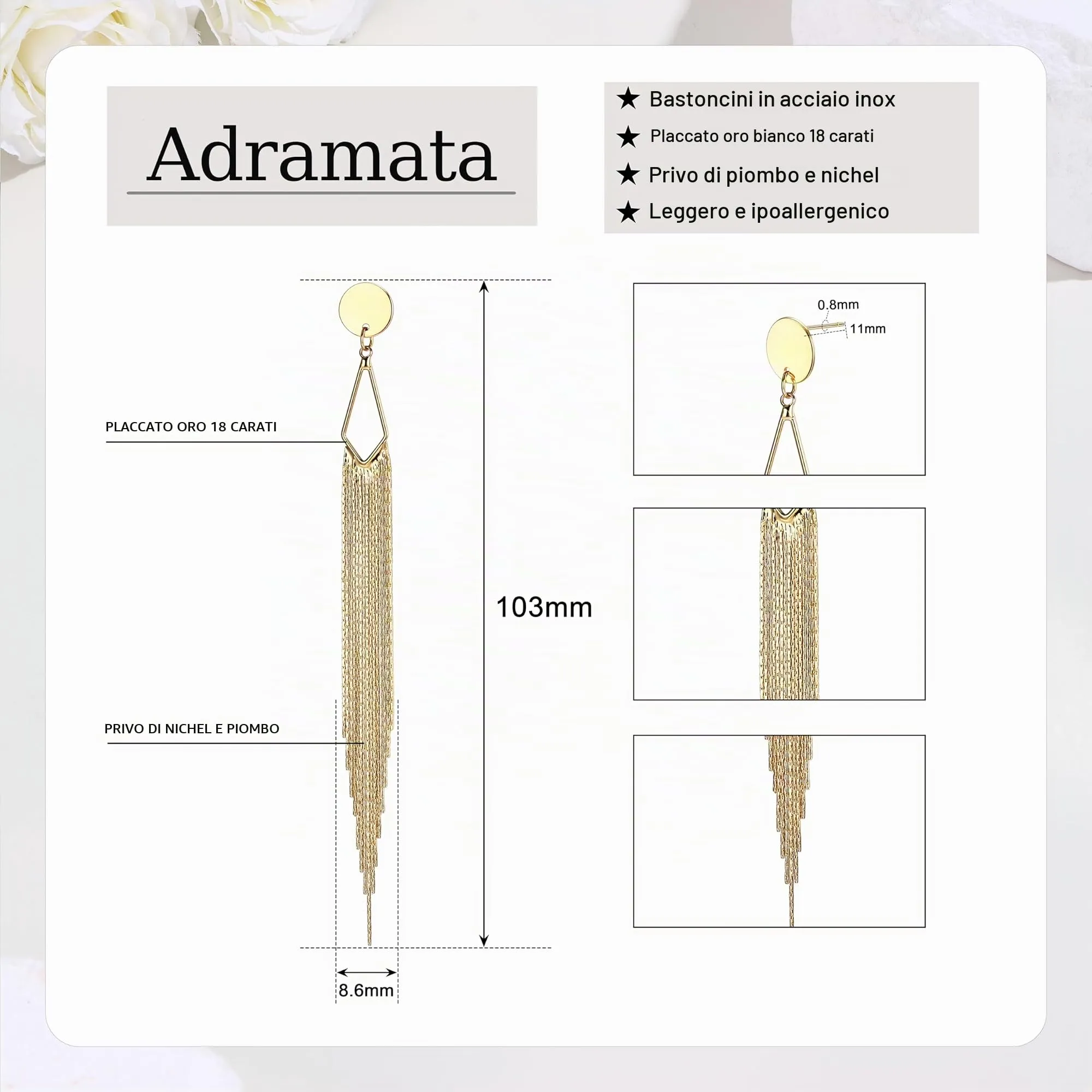 Adramata Orecchini Pendenti a Nappa in Acciaio Inossidabile Color Oro - immagine 3