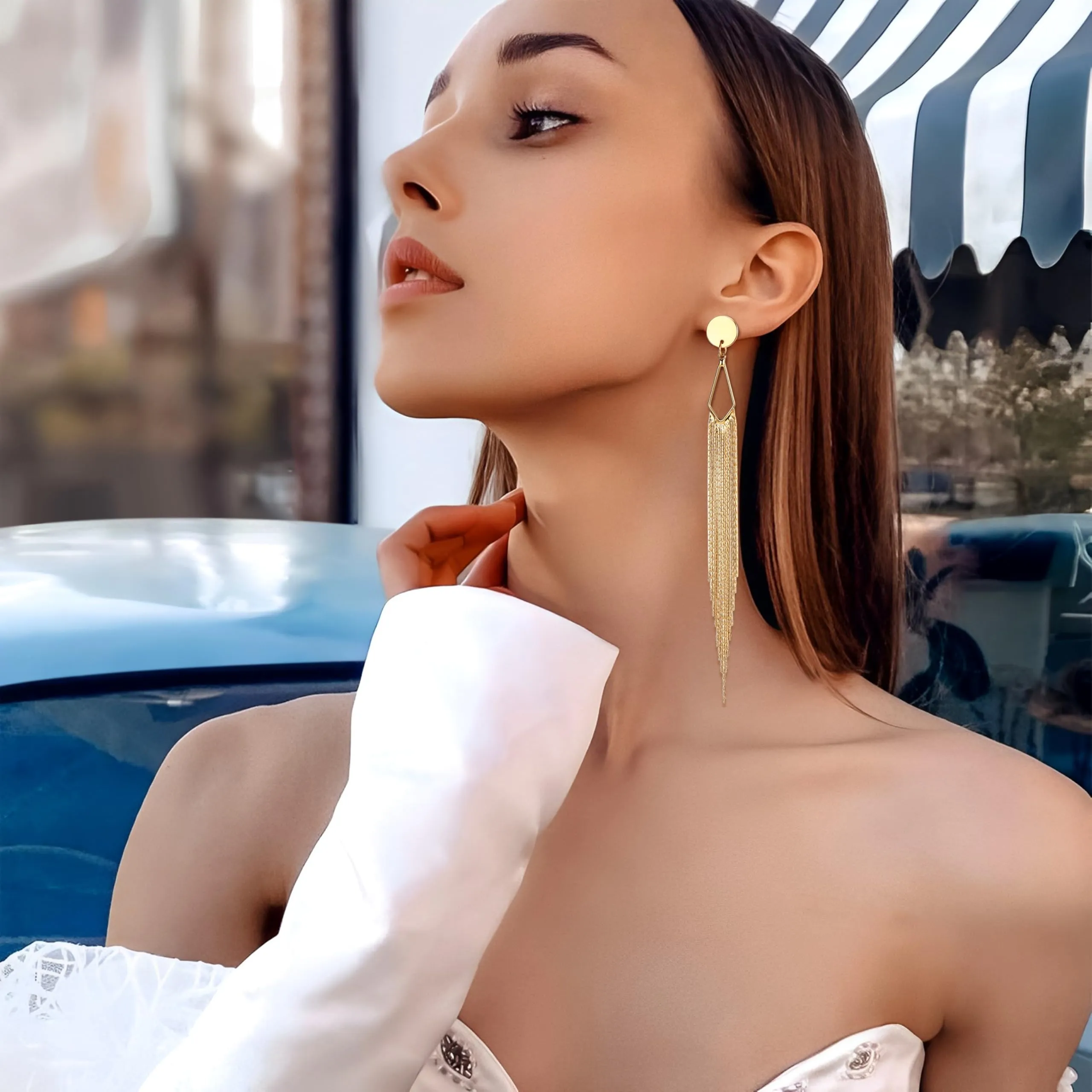 Adramata Orecchini Pendenti a Nappa in Acciaio Inossidabile Color Oro - immagine 5