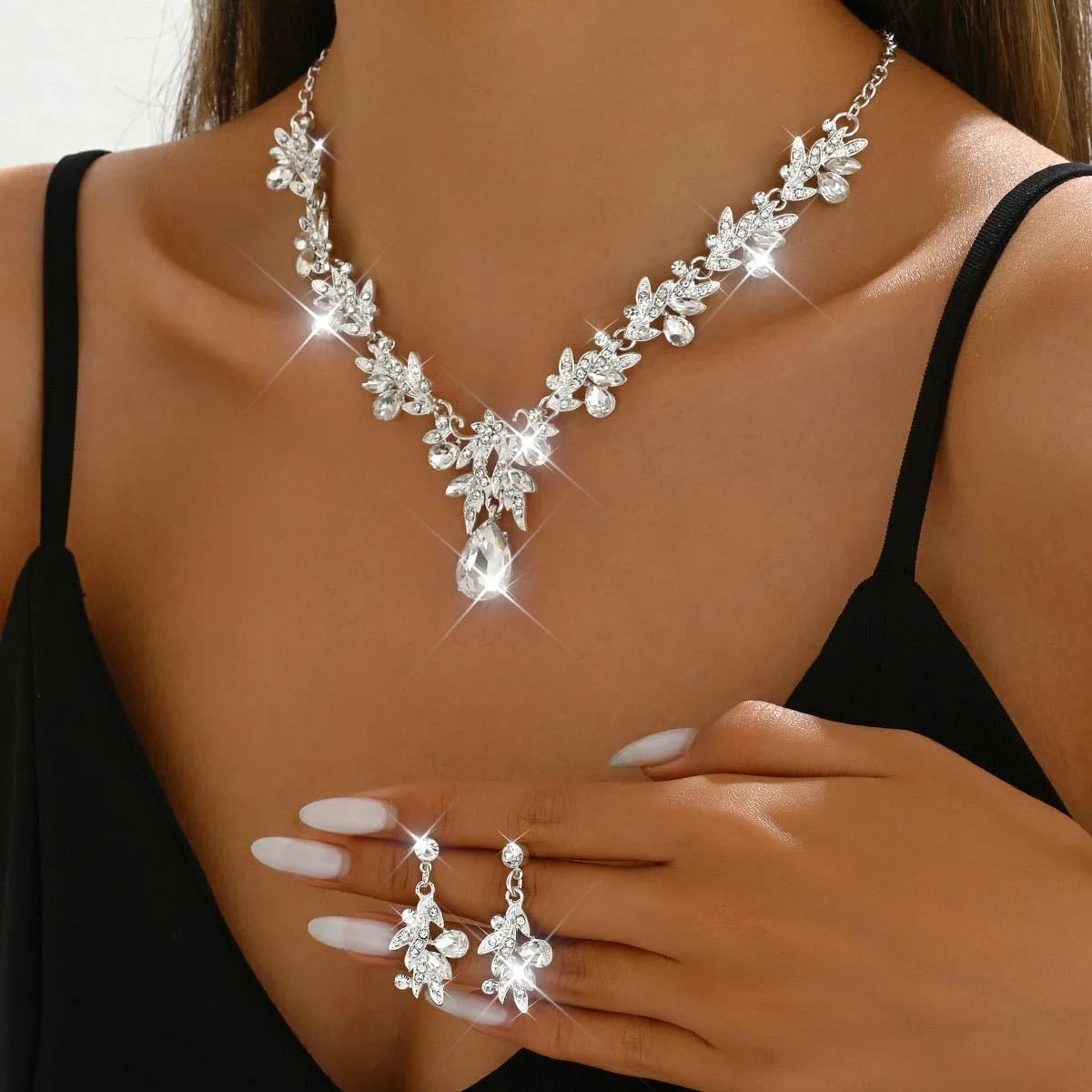 Fashband Set di gioielli da sposa con cristalli e orecchini, Argento, Taglia unica - immagine 4
