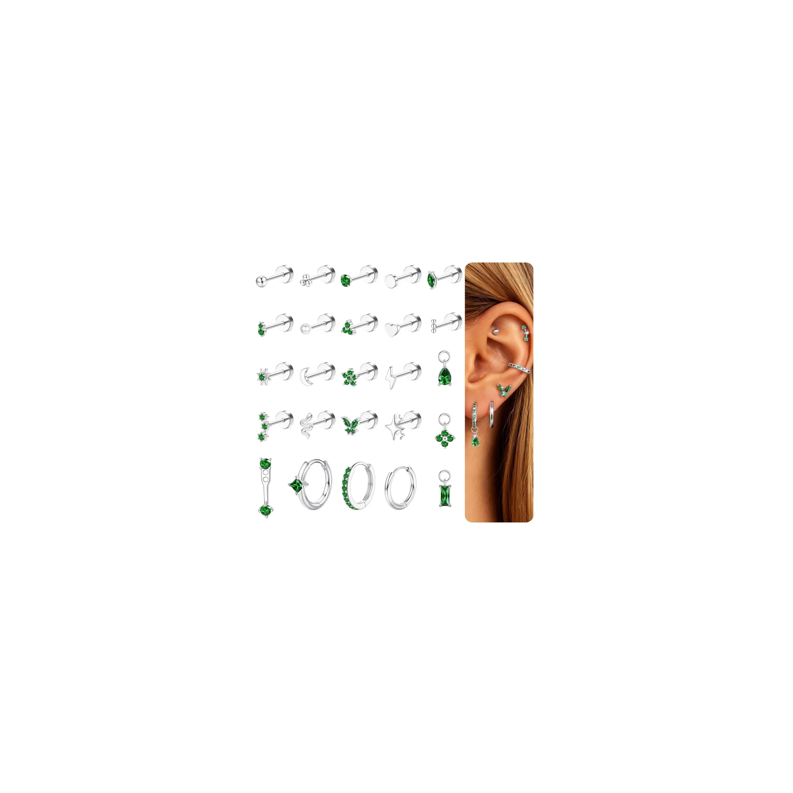 KRFY Set 25 Pezzi Orecchini Piercing in Acciaio Chirurgico Ipoallergenico Oro e Argento per Cartilagine Helix Lobo Conch Trago - immagine 1