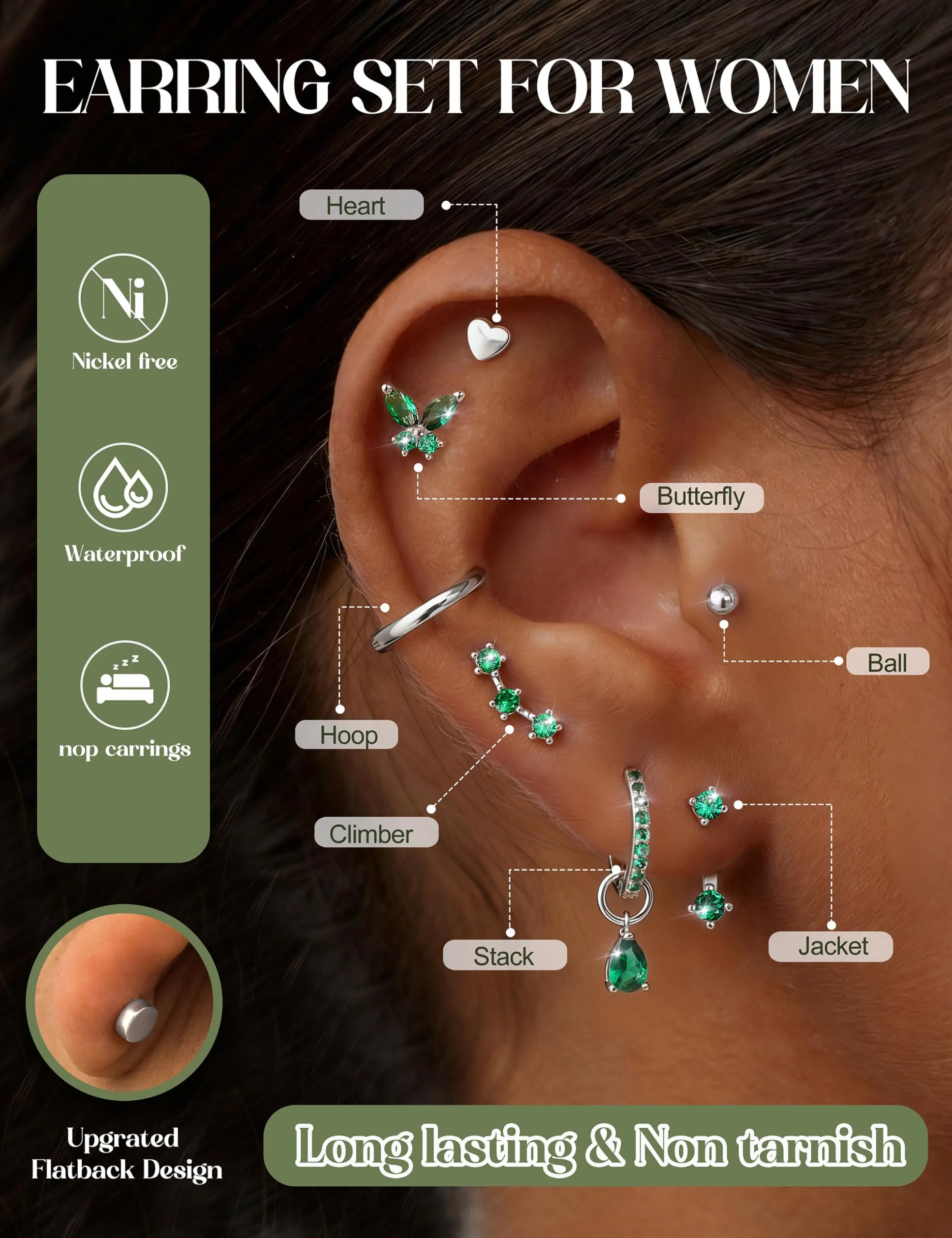 KRFY Set 25 Pezzi Orecchini Piercing in Acciaio Chirurgico Ipoallergenico Oro e Argento per Cartilagine Helix Lobo Conch Trago - immagine 3