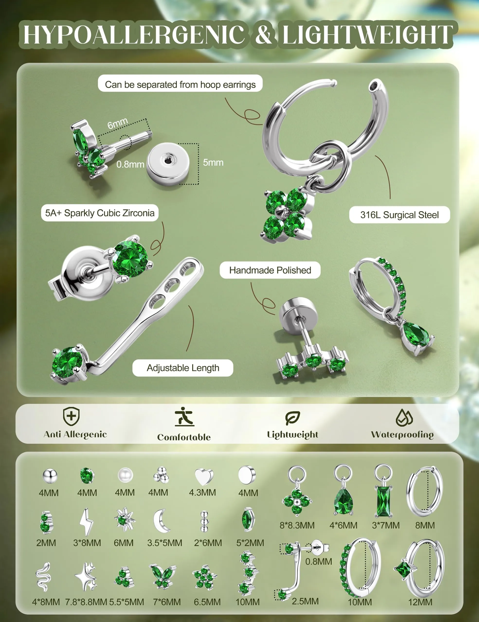 KRFY Set 25 Pezzi Orecchini Piercing in Acciaio Chirurgico Ipoallergenico Oro e Argento per Cartilagine Helix Lobo Conch Trago - immagine 5