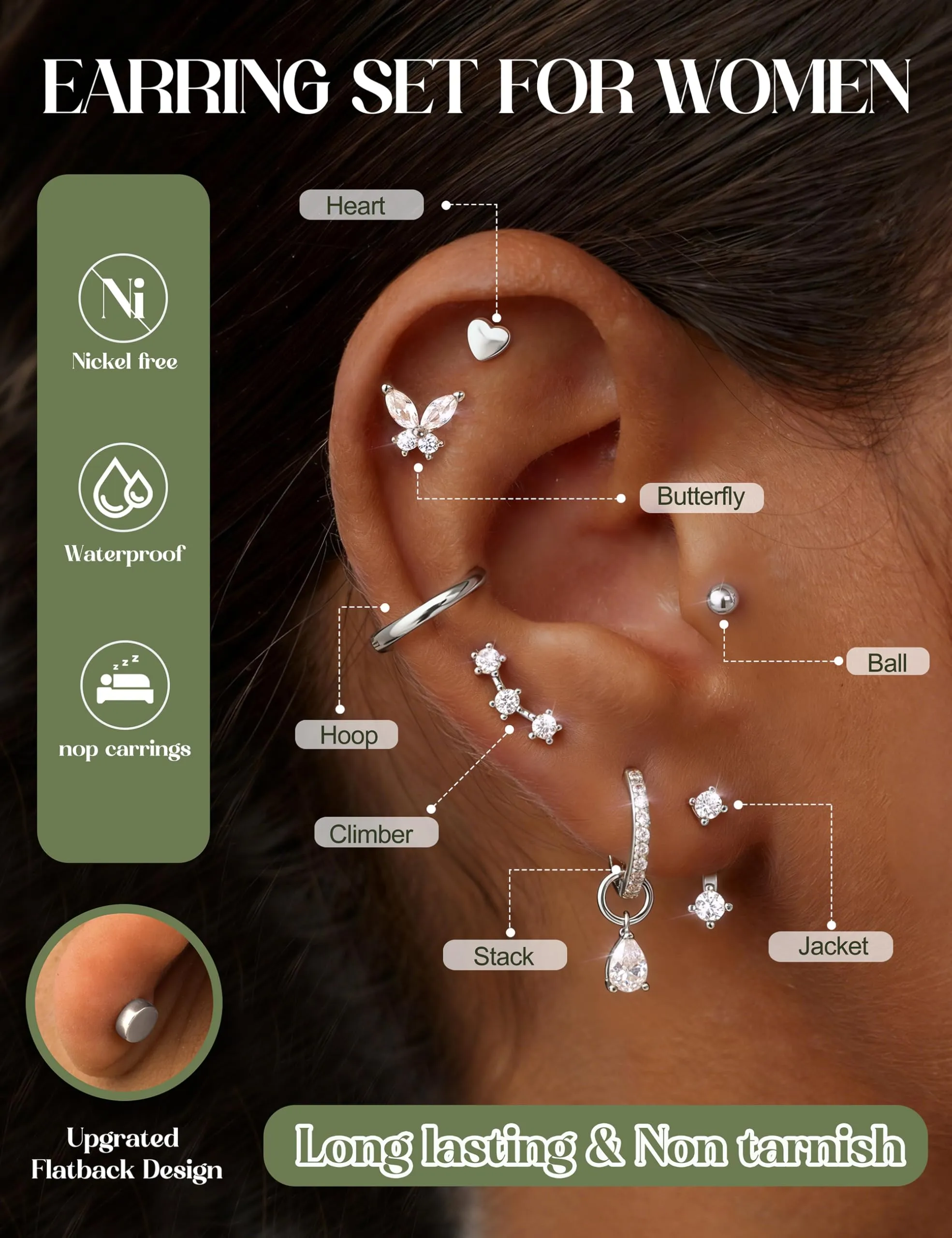 KRFY Set 25 Pezzi Orecchini Piercing Donna in Acciaio Chirurgico 316L Ipoallergenici, Oro e Argento per Helix, Lobo, Conch e Trago - SW - immagine 3