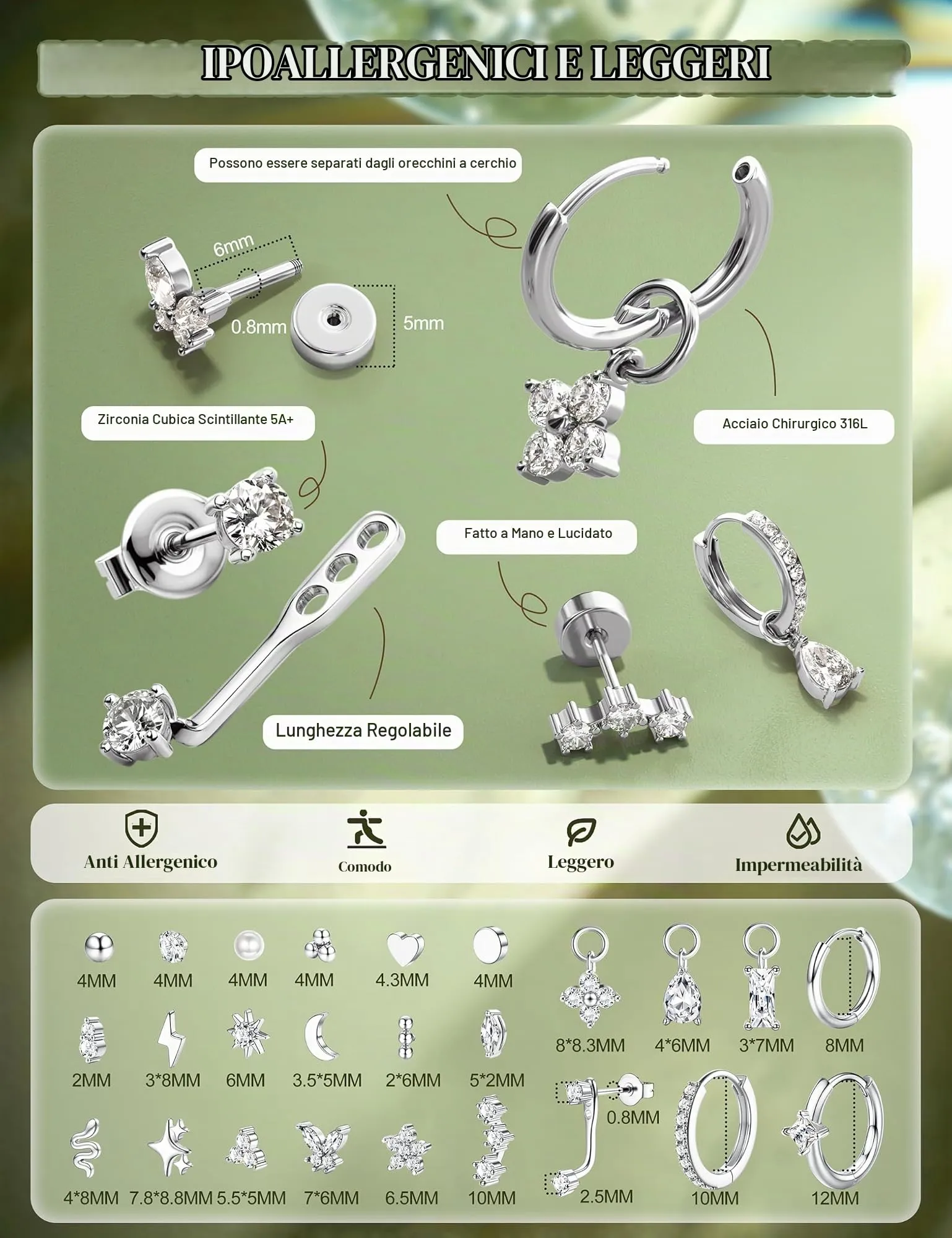 KRFY Set 25 Pezzi Orecchini Piercing Donna in Acciaio Chirurgico 316L Ipoallergenici, Oro e Argento per Helix, Lobo, Conch e Trago - SW - immagine 5