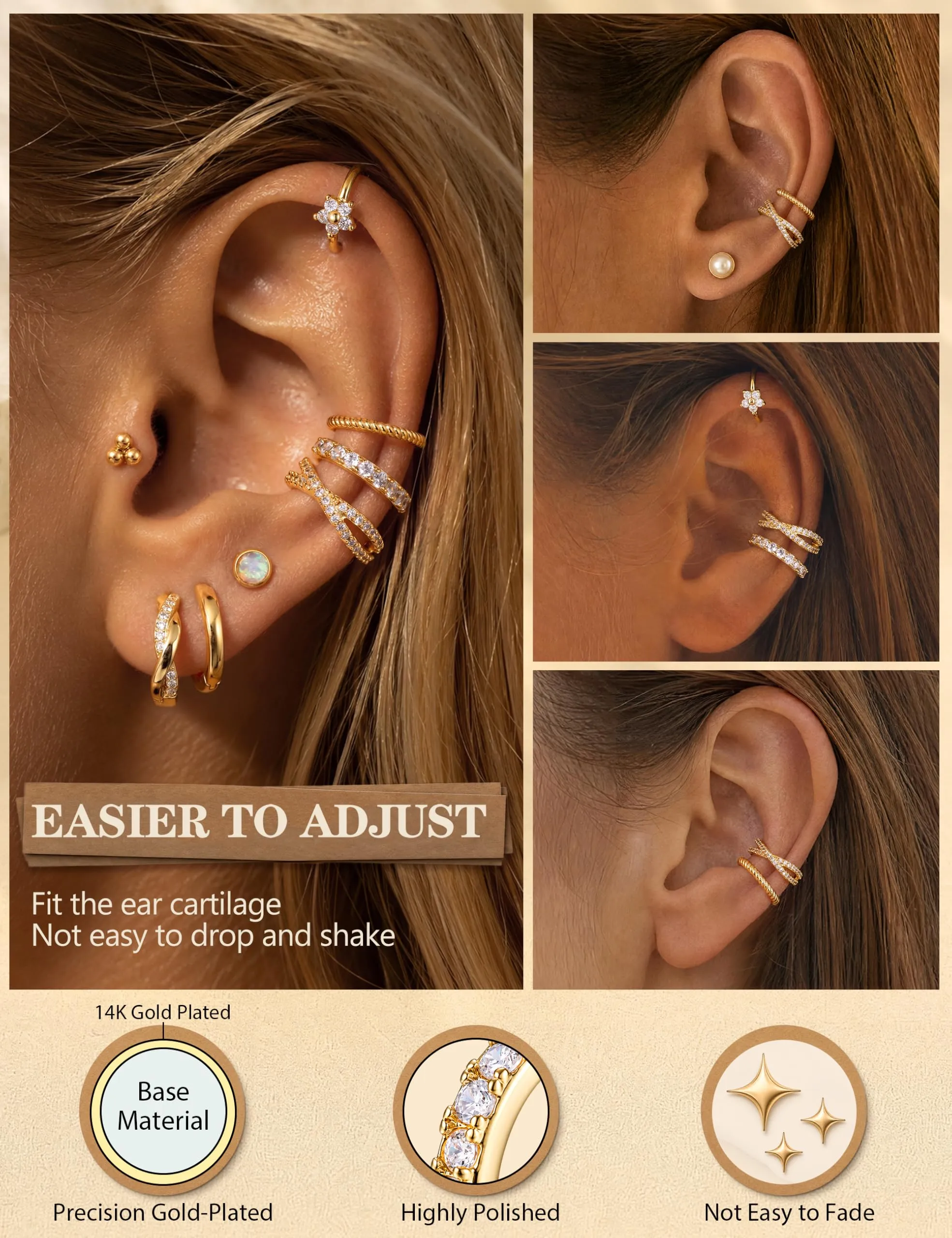 ADRAMATA Ear Cuff Orecchini Senza Buco, 4 Paia - immagine 3