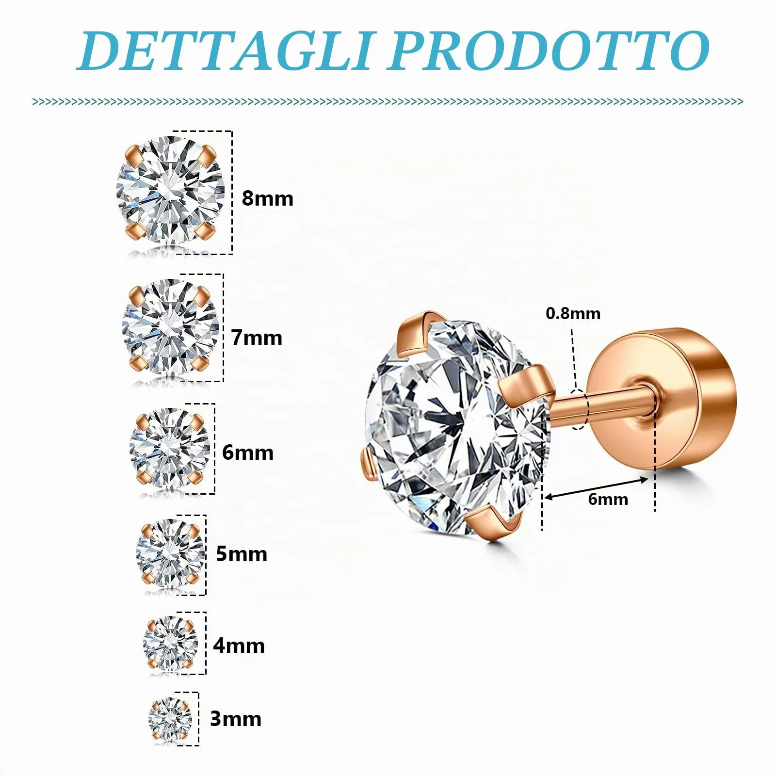 LAURITAMI Set di 6 Orecchini a Perno in Acciaio Chirurgico 20G con Zirconia 3-8mm, Oro Rosa - immagine 2